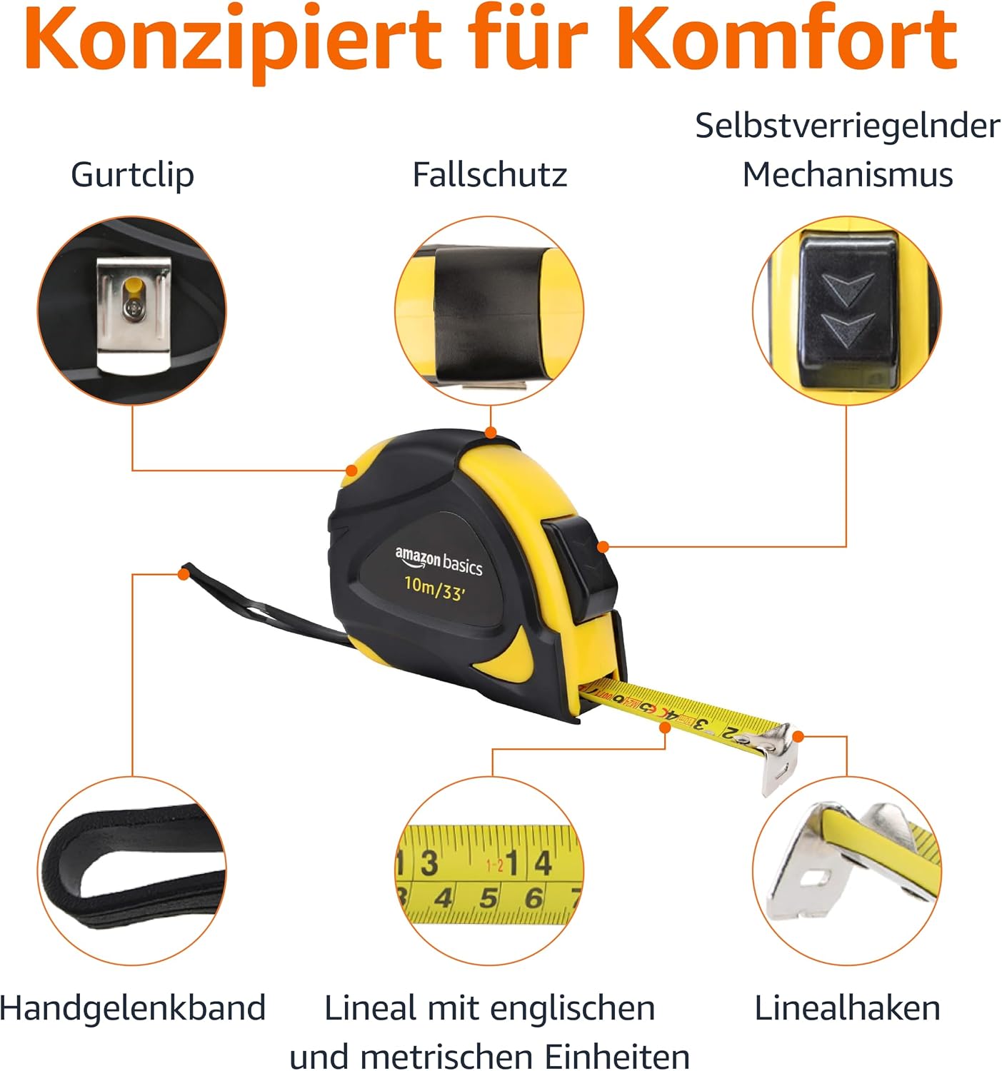 Detalle de Amazon Basics Selbst-arretierendes Bandmaß (10 m) – MID-Genauigkeit, Zoll- und Metrik-Skala, Schwarz/Gelb