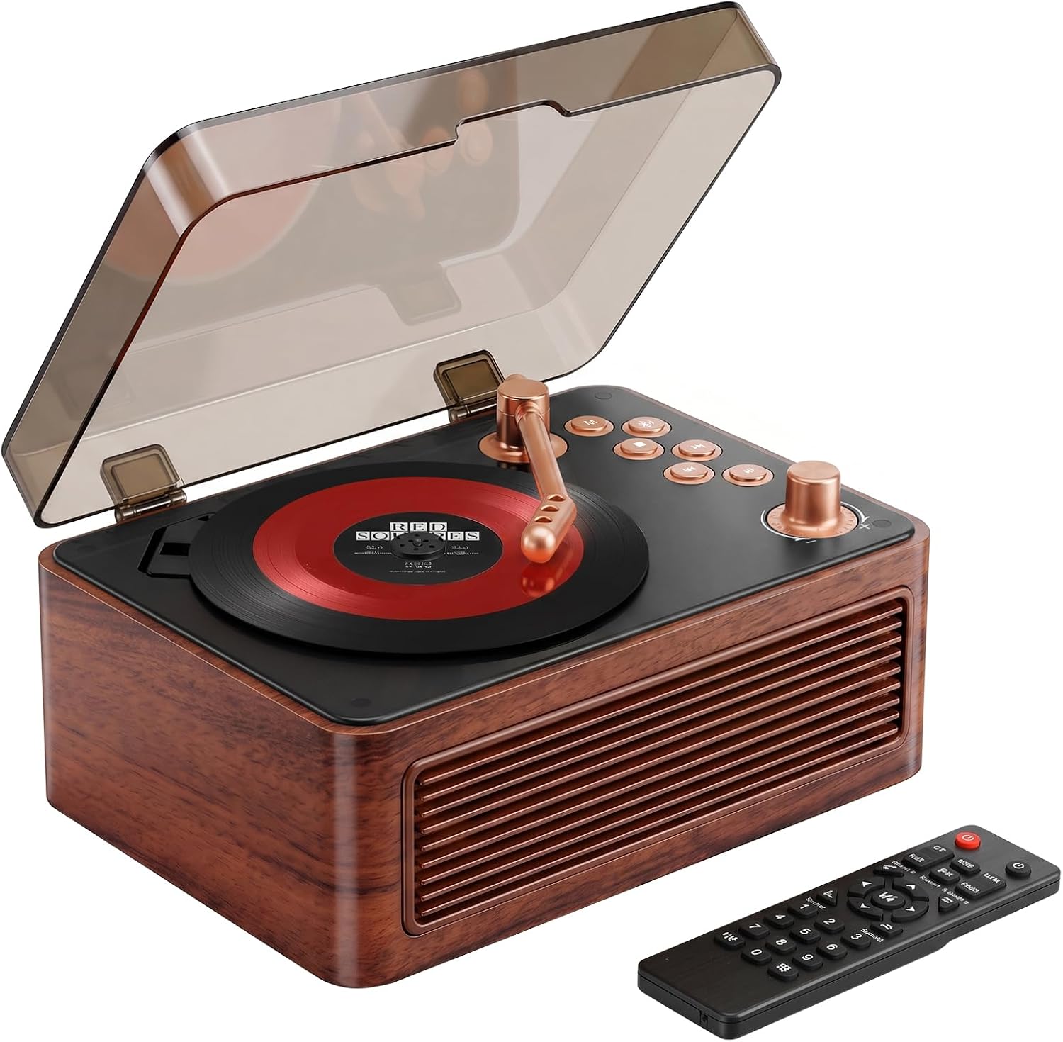 Gueray Lecteur CD Bluetooth Portable avec Haut-Parleurs — Design Vintage Bois de Noyer, 3600mAh