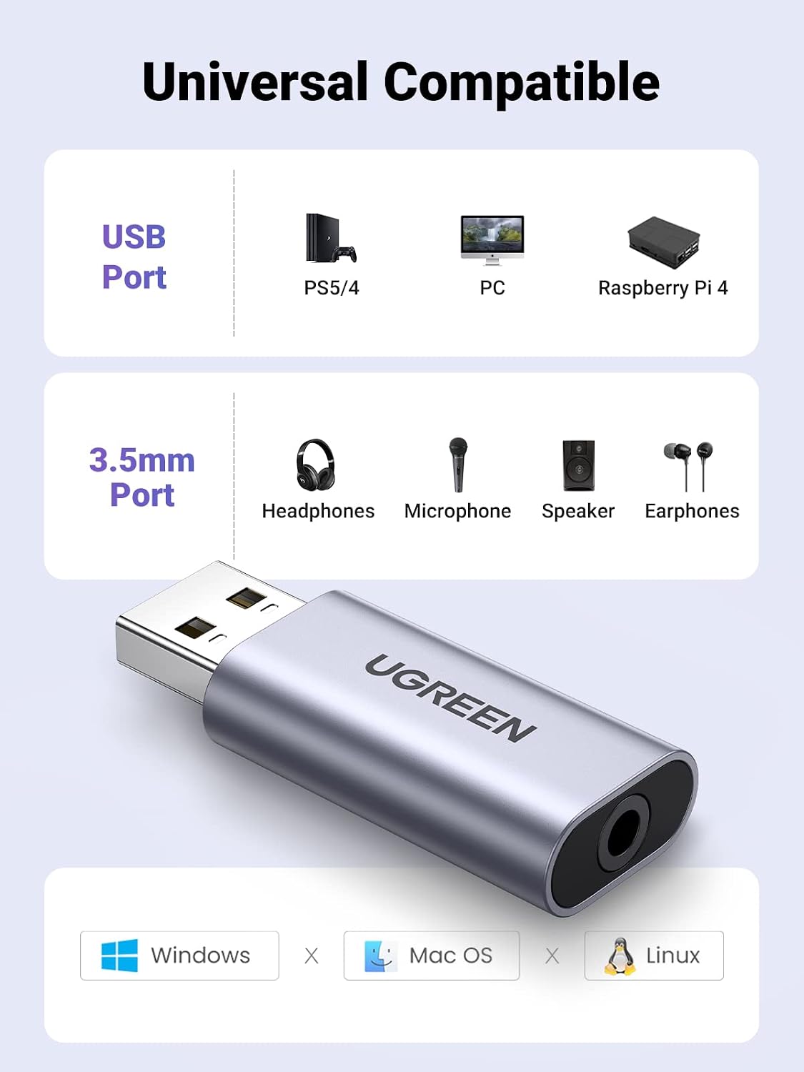 Detalle de UGREEN USB-A naar 3,5mm-audioadapter met gecombineerde TRRS-aansluiting