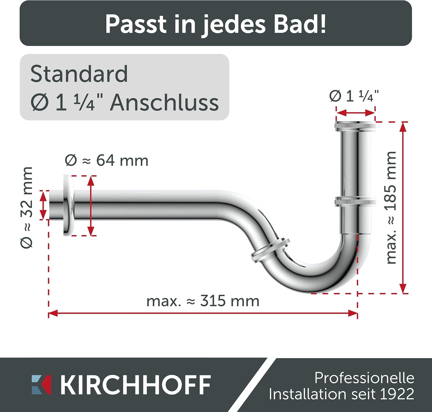 Thumbnail 2 de KIRCHHOFF Siphon Bidet – Edelstahl-Siphon mit Abflussrohr und Tauchrohr, 1 1/4"/32 mm, Komplettset