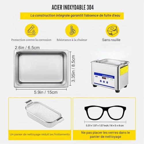 Detalle de VEVOR Nettoyeur à Ultrasons 0,8 L – Nettoyage professionnel sans chauffage pour bijoux, pièces et lunettes