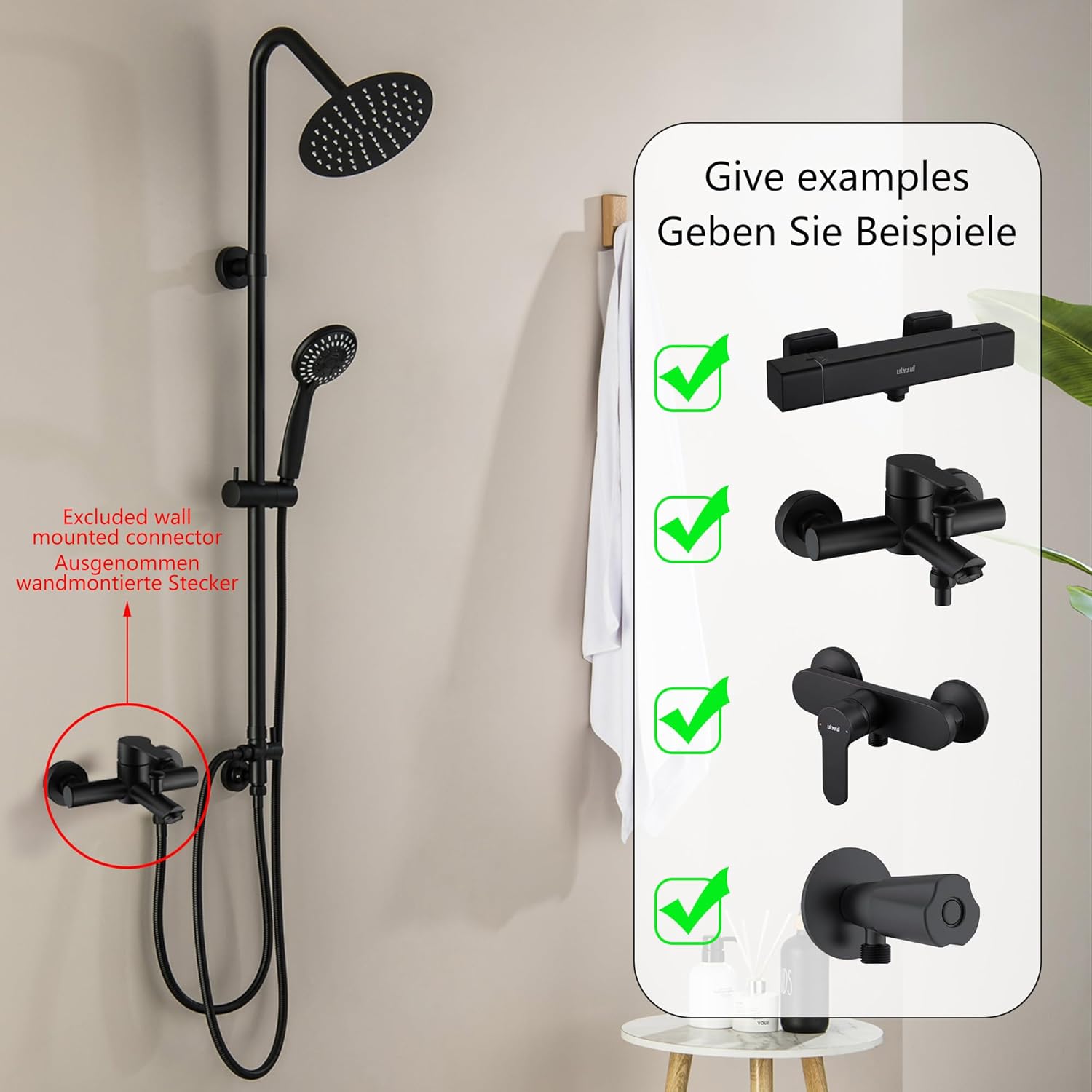 Thumbnail 1 de BAITUJIE Duschset schwarz – 2 in 1 Duschsystem mit großer Regendusche (20x20 cm) & Handbrause, komplettes Montageset