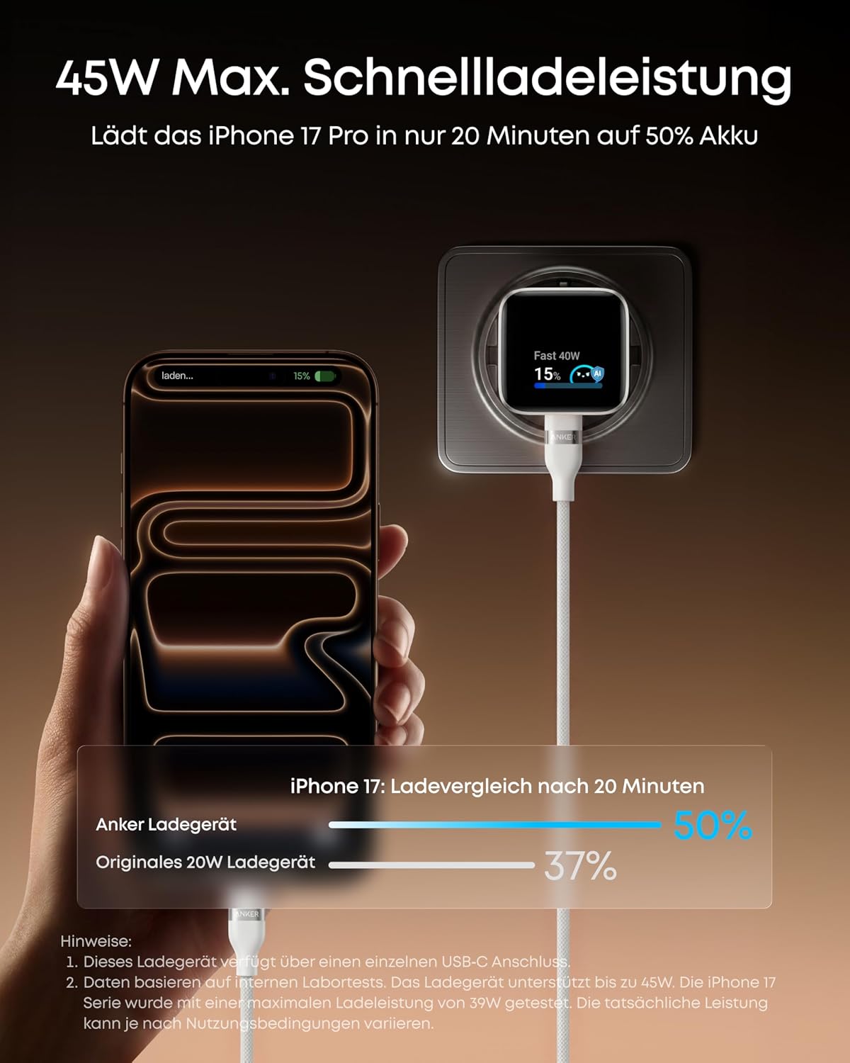 Detalle de Anker Nano 45W USB‑C Ladegerät mit Display – intelligentes Erkennen, GaN Schnellladung und TÜV-zertifizierter Care-Modus