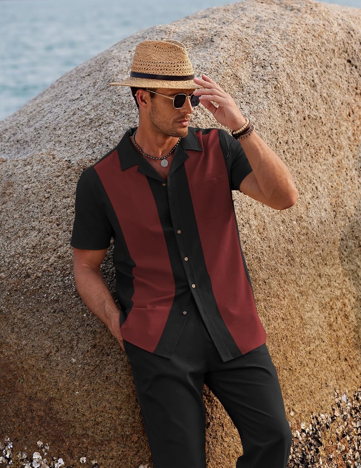 Thumbnail 2 de COOFANDY Men 2 Piece Linen Outfit: Beach Button-Down Shirt and Loose Pants Set