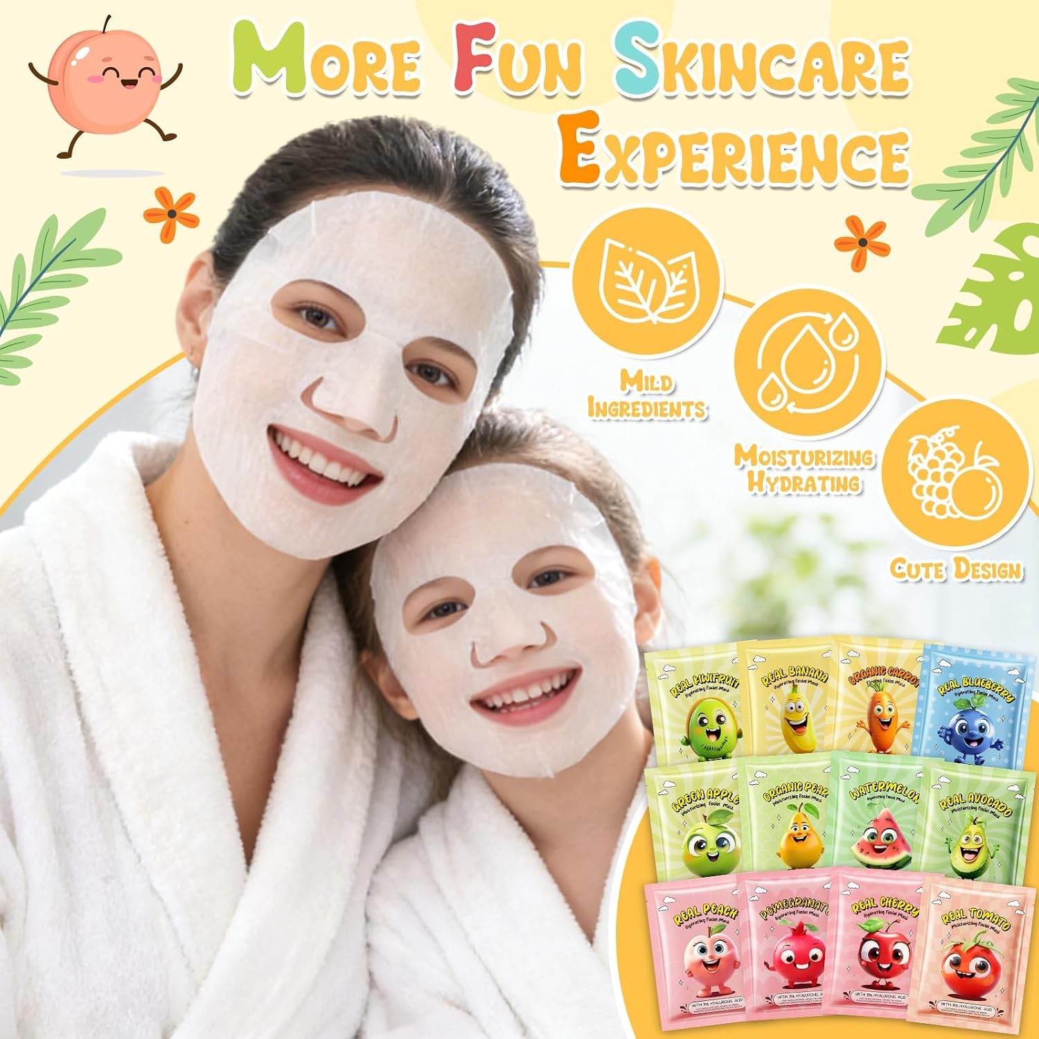 Detalle 1 de CHODEYE Fruit Sheet Masks, 12-Pack Hydrating Face Masks for Kids and Adults