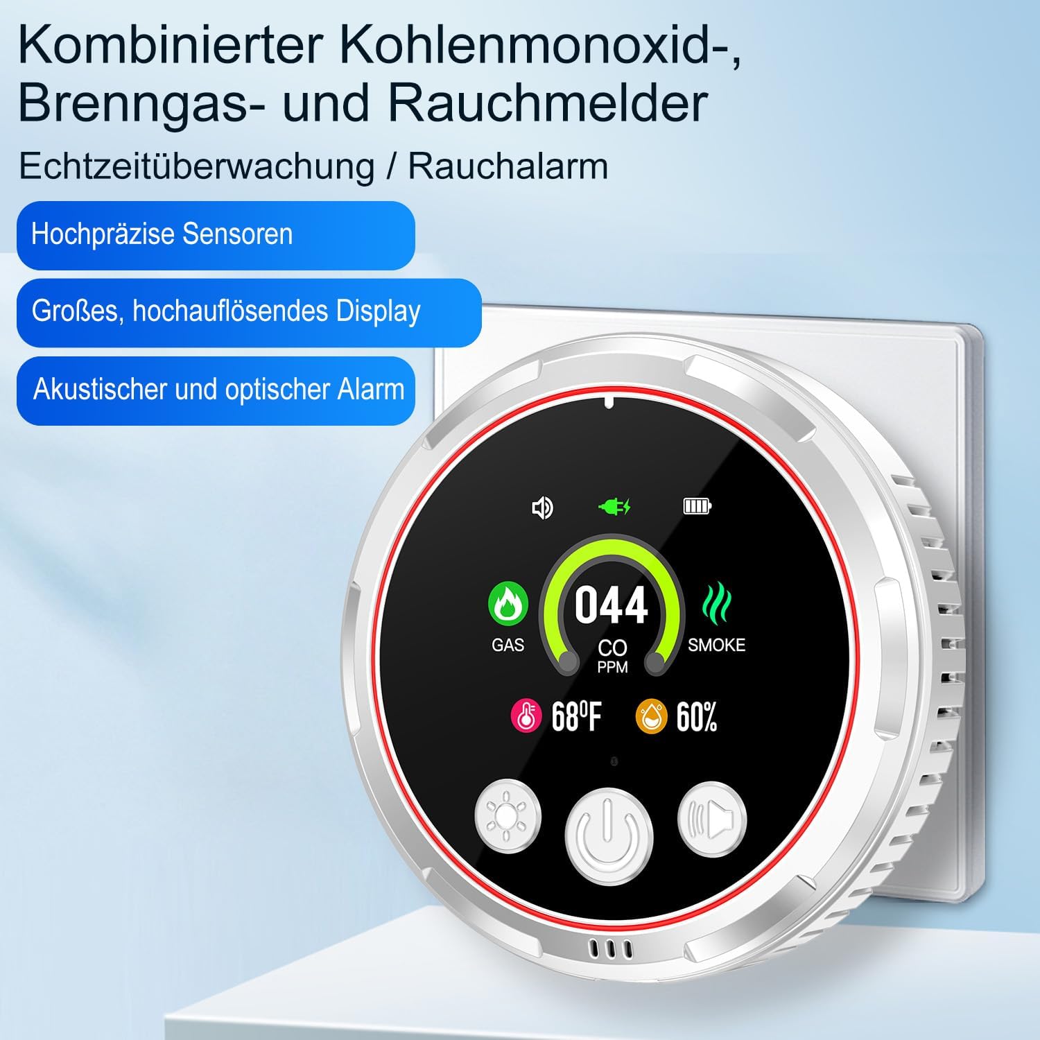 Thumbnail 1 de 5IN1 Rauchmelder, Gasmelder + CO-Warnmelder HD13 – Steckdose + Batterie, LCD-Display