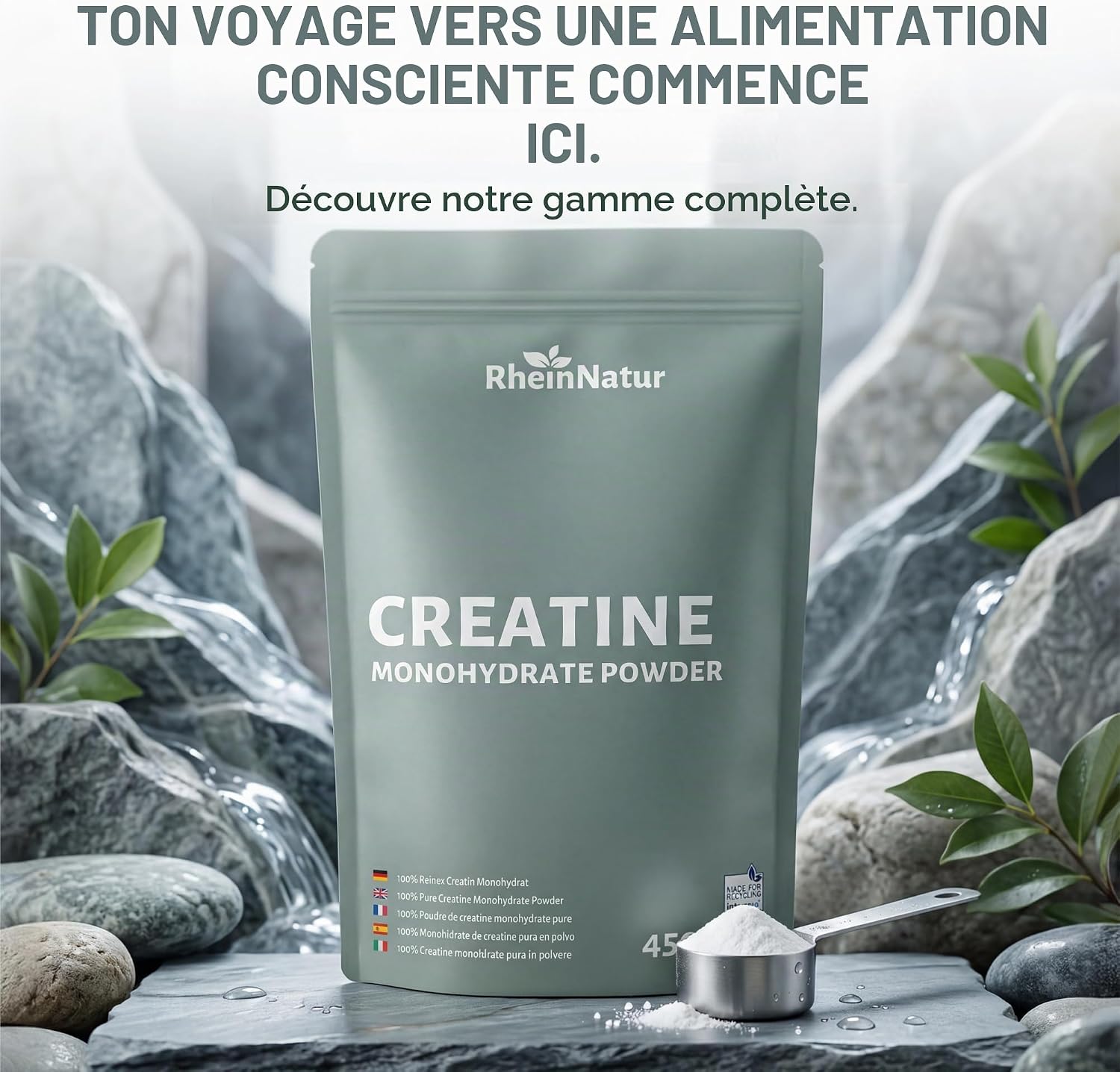 Detalle 1 de RheinNatur RN-CREATIN-450G creatinemonohydraat, 450 g, gemicroniseerd en smaakloos