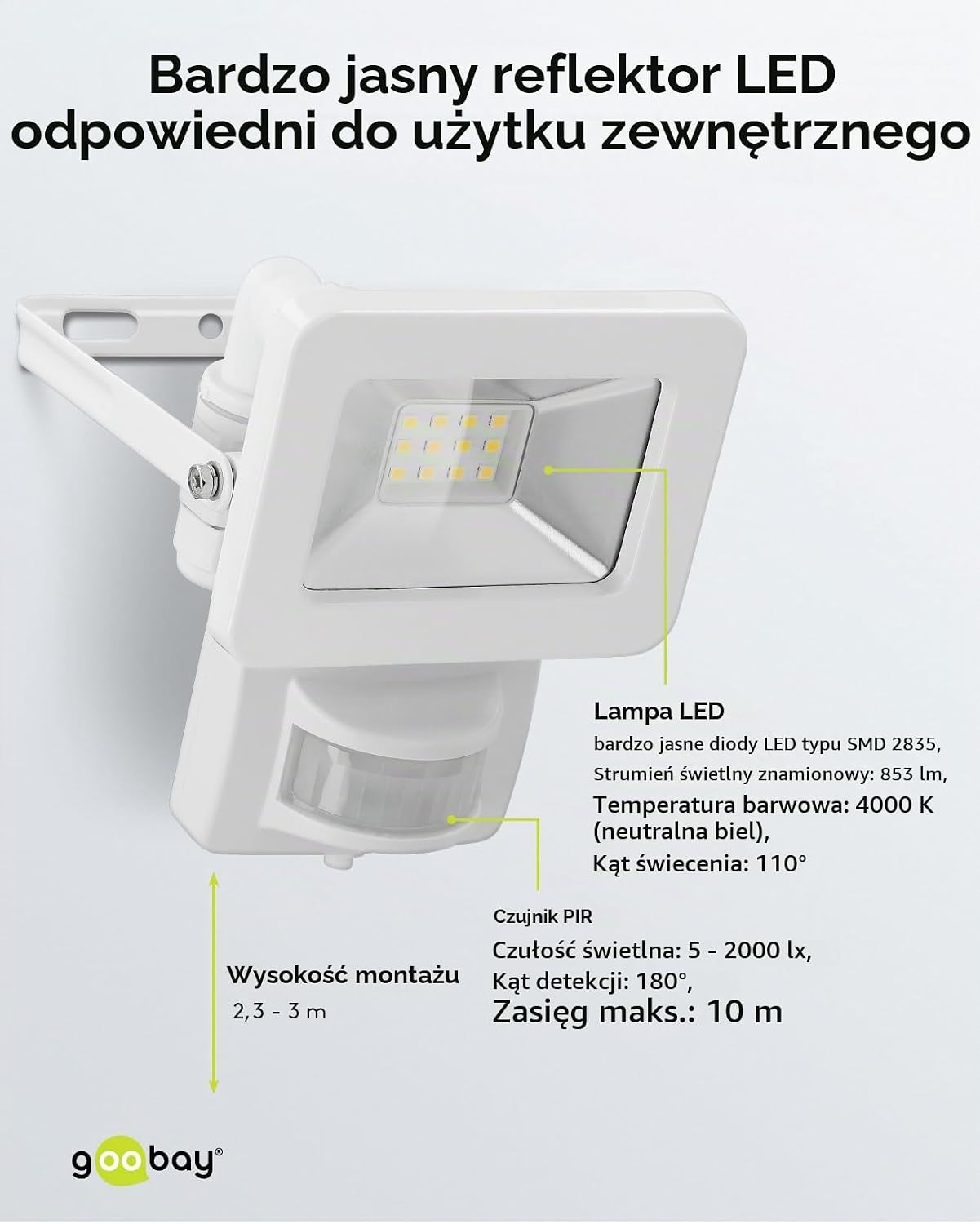 Detalle 2 de goobay 53878 reflektor LED 10 W, 850 lm, z czujnikiem ruchu IP44