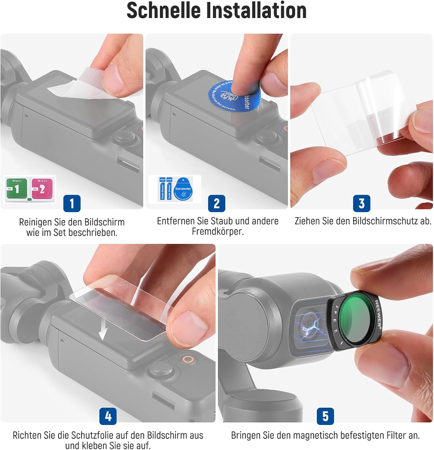 Thumbnail 6 de NEEWER Variabler ND-Filter für DJI Osmo Pocket 4 & Pocket 3 (magnetisch, ND2–32, 1–5 Blendenstufen) inkl. 2 LCD-Schutzfolien