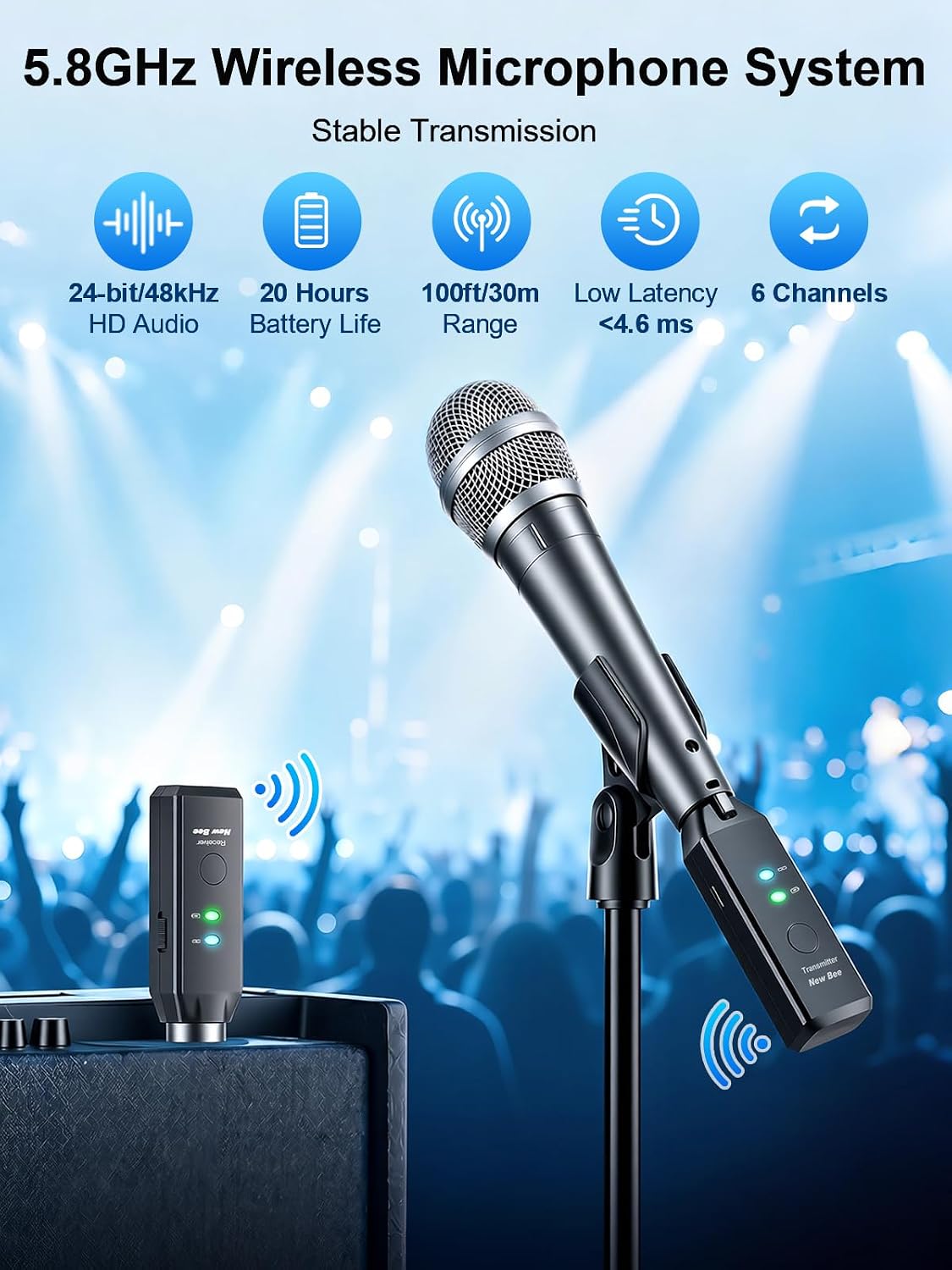 Detalle de New Bee WP-7 Wireless XLR Microphone System, 5.8GHz, 6 Channels