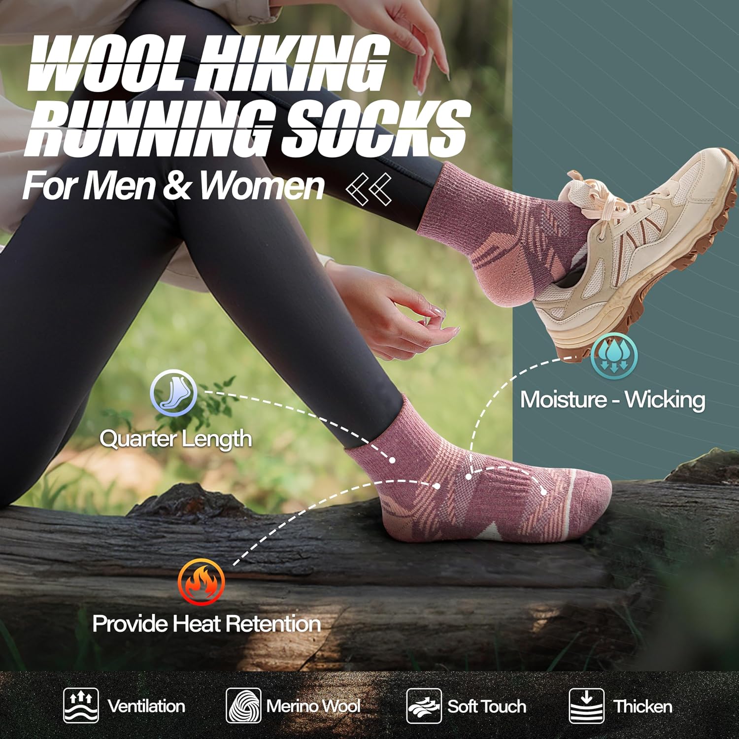 Detalle de ANTSANG 6 Pairs Merino Wool Quarter Ankle Hiking Socks with Compression and Thick Cushion
