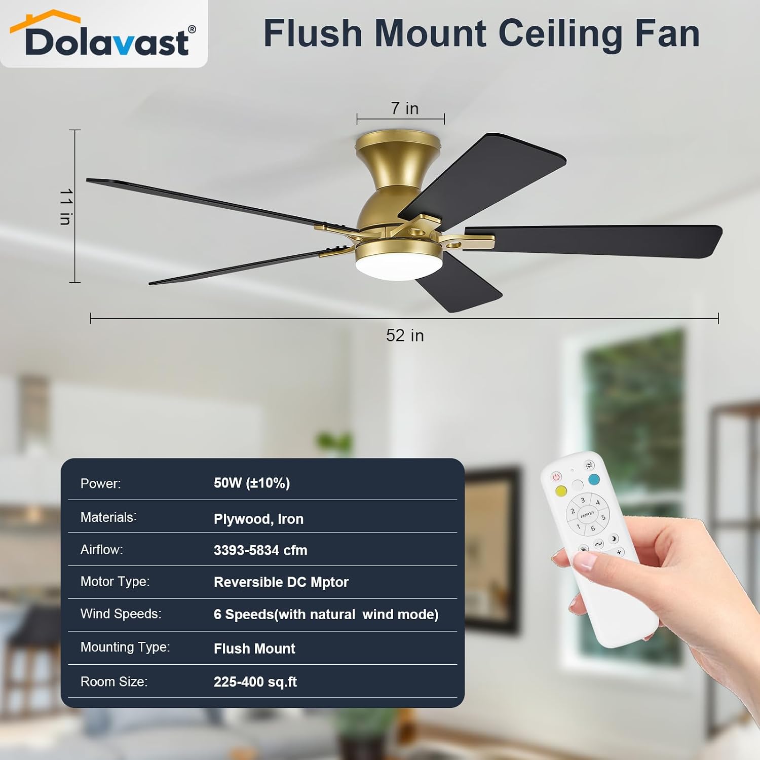 Thumbnail 6 de Dolavast HY-6162-5/52 52-Inch Flush-Mount Ceiling Fan with Light