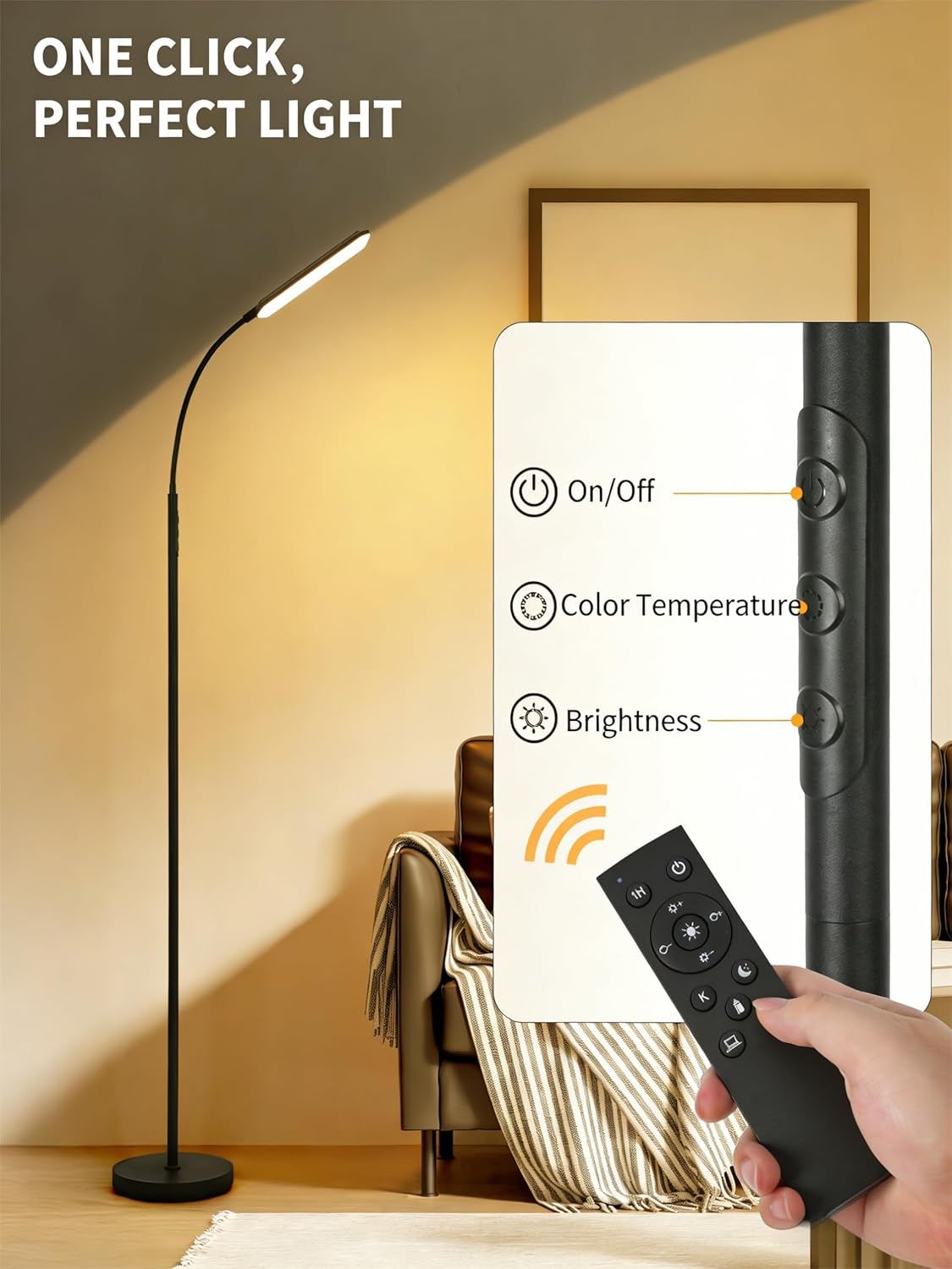 Thumbnail 3 de LED Stehlampe für Wohnzimmer & Lesebereich – 18W dimmbar, 2700–6500K mit Fernbedienung, Timer (Schwarz)