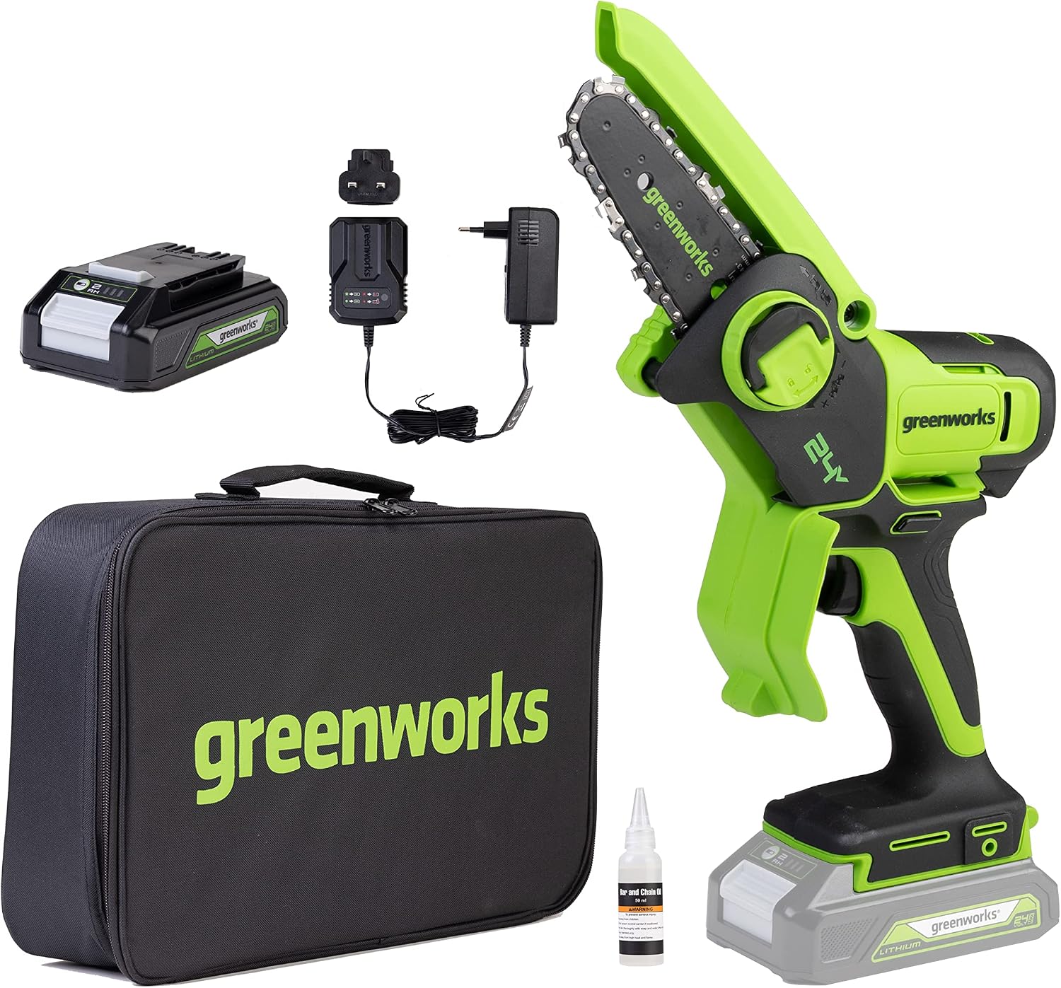 Detalle de Greenworks 24V Mini Chainsaw 4 Inch, 2Ah