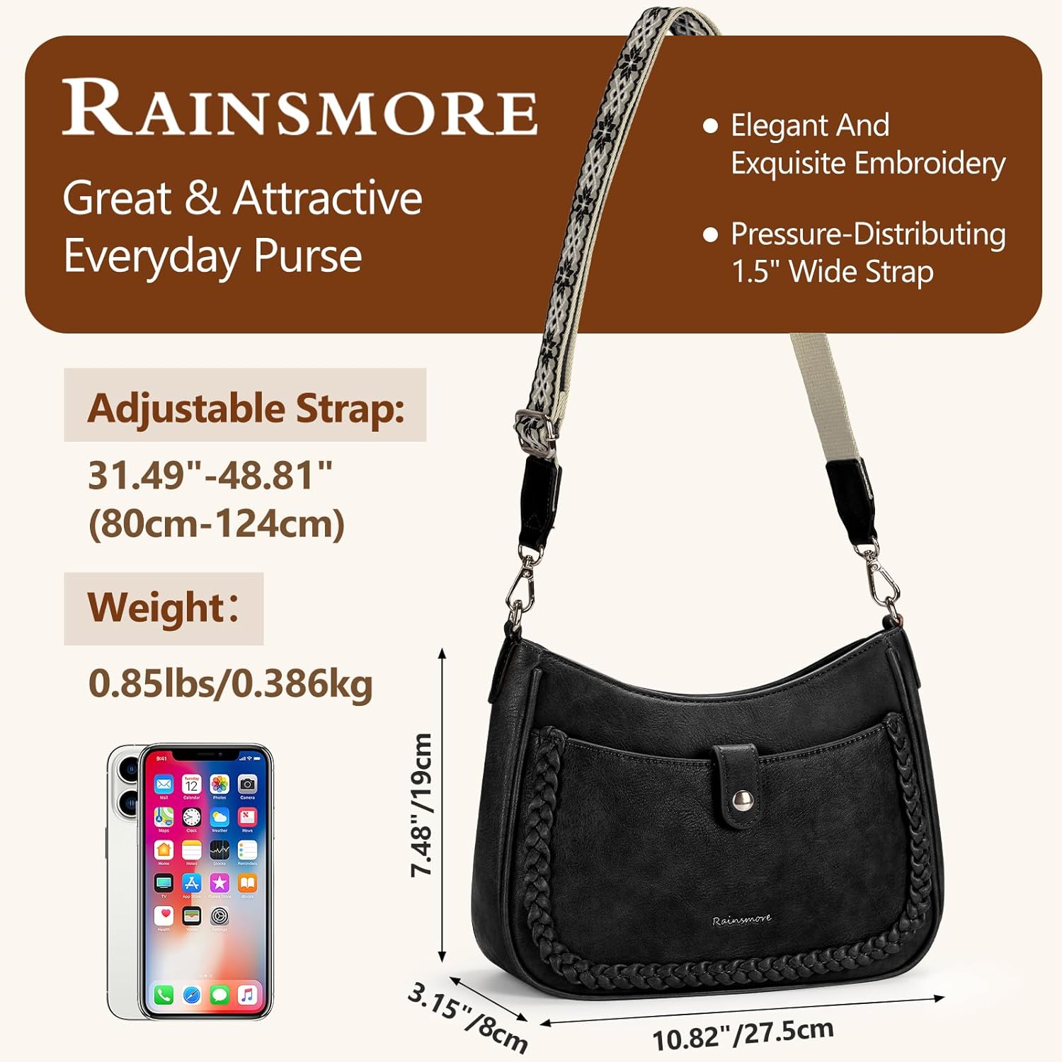 Thumbnail 2 de RAINSMORE Umhängetasche Damen mittelgroß (27×8×19 cm) mit breiten Schultergurten und 5 Fächern