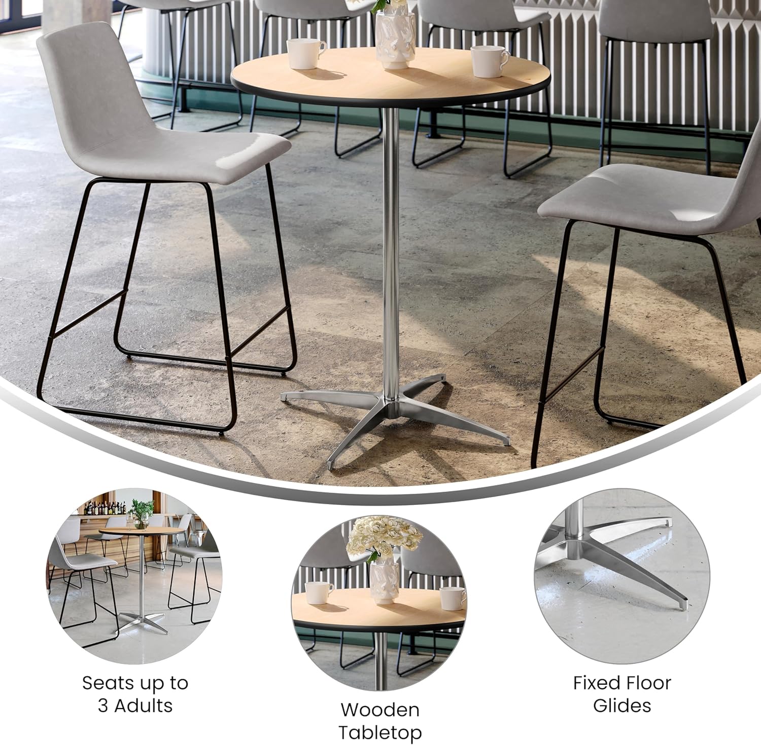 Thumbnail 5 de Flash Furniture Lars 30" Round Cocktail Table with Adjustable Columns (30" and 42") in Natural Birchwood