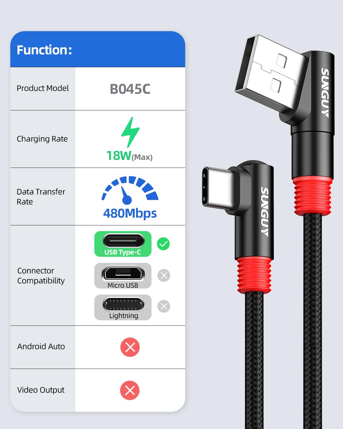 Detalle de SUNGUY USB-C Kabel im 2er-Pack, 1,8 m & 2 m – 90° Winkel, 3A, Nylon-Ummantelung, USB 2.0 Daten/18W Schnellladung
