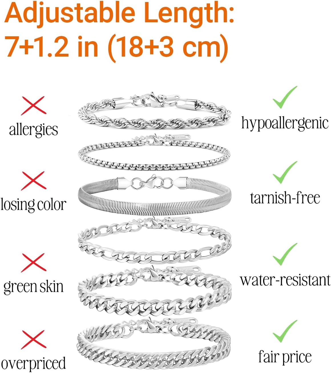 Thumbnail 4 de Geveay 6-Piece Men's Stainless Steel Chain Bracelet Set, Adjustable, 7.1+1.2 Inches