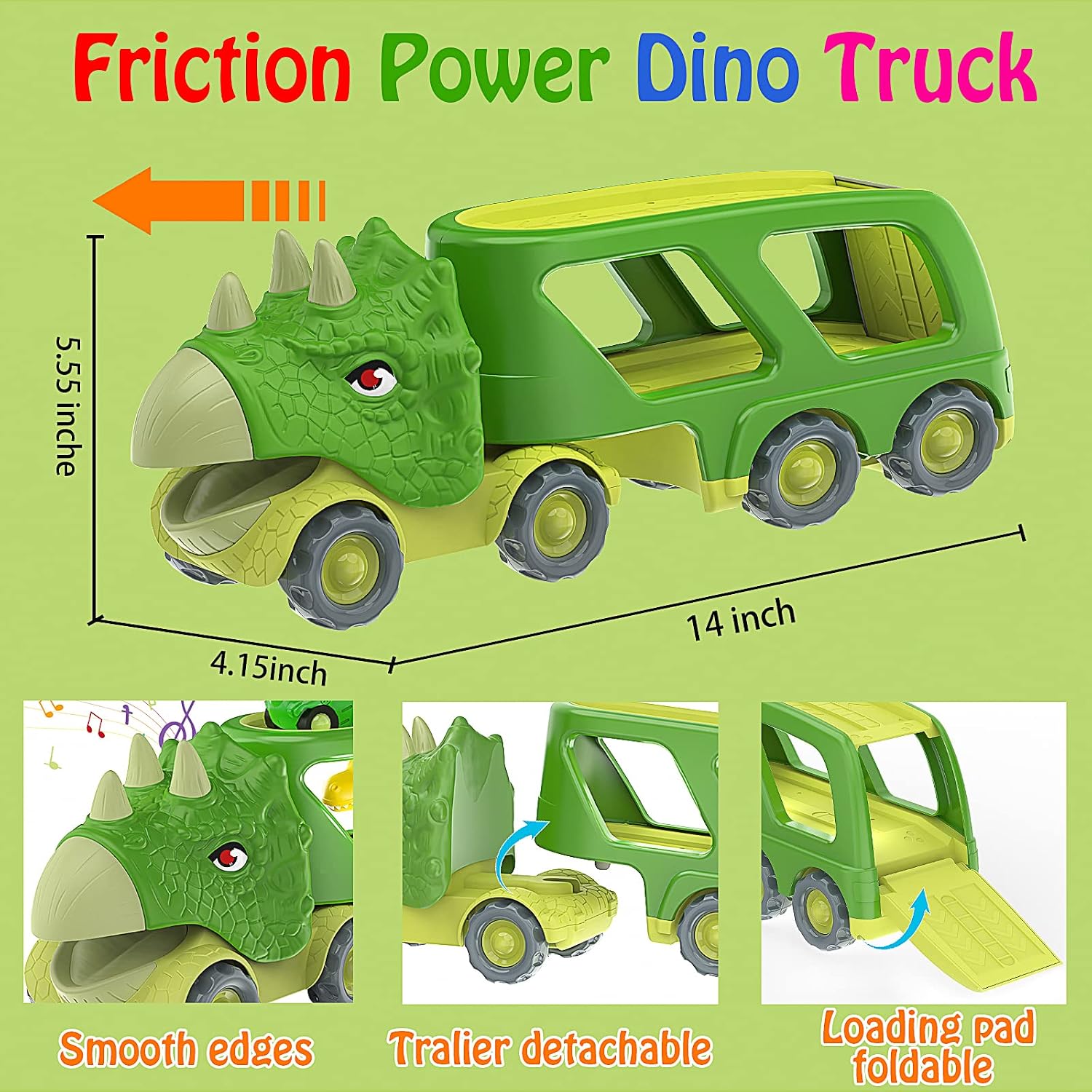 Detalle 2 de Veslier XTC103 Dinosaur Truck Toy with 4 Pull-Back Cars, Lights and Sounds