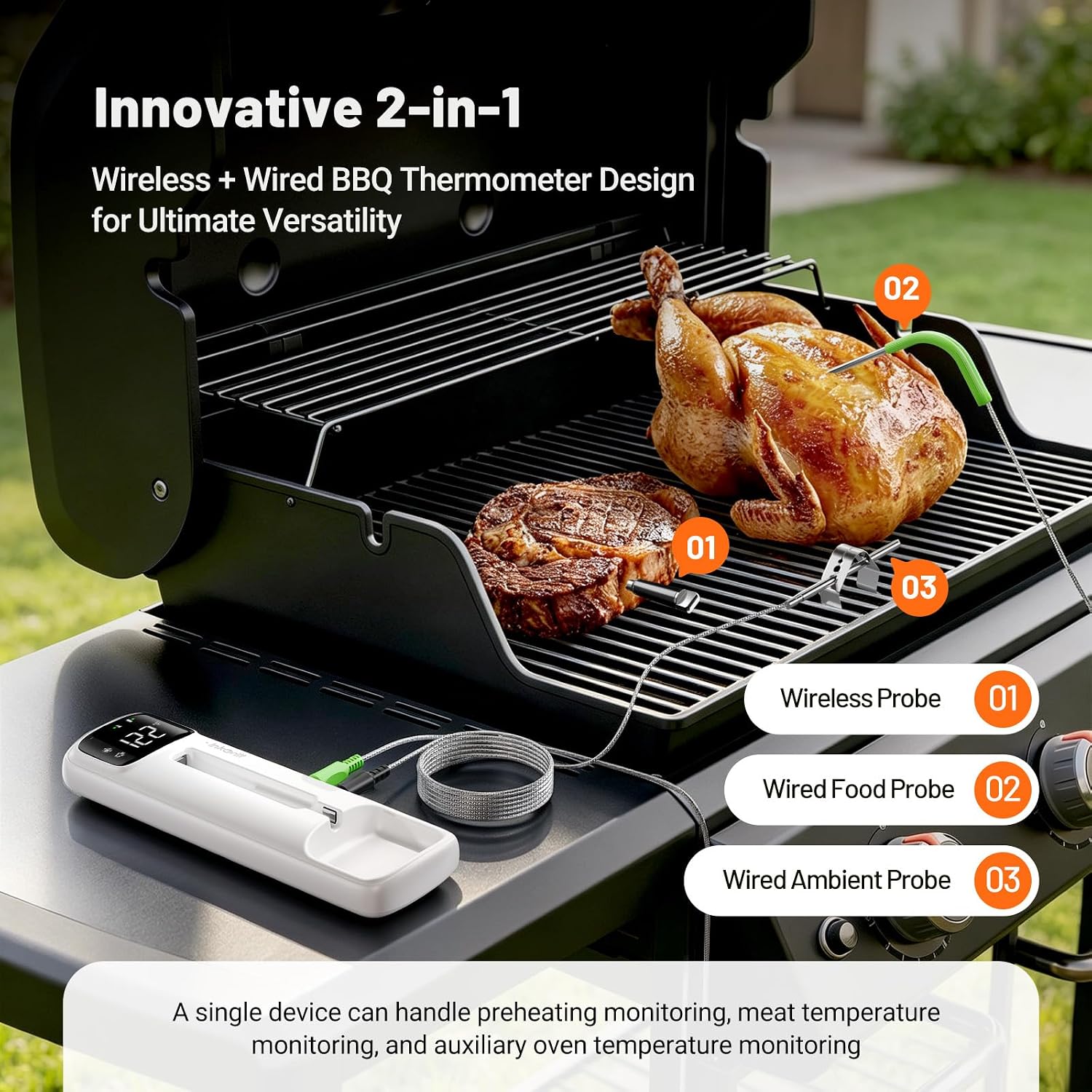 Detalle de InkGrill 2-in-1 Meat Thermometer with Wireless and Wired Probes, LED Display
