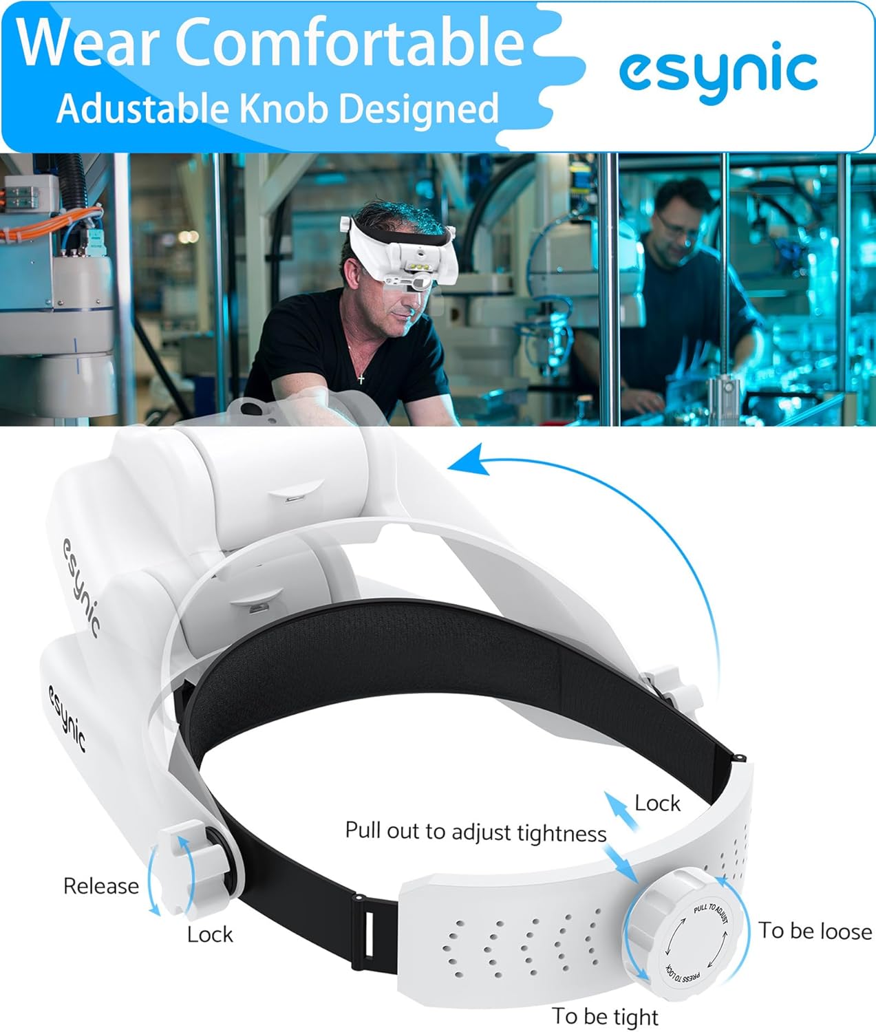 Thumbnail 1 de eSynic Head Magnifier Pro Rechargeable Headband Magnifying Glasses with Light (1X to 14X) and 5 Detachable Lenses