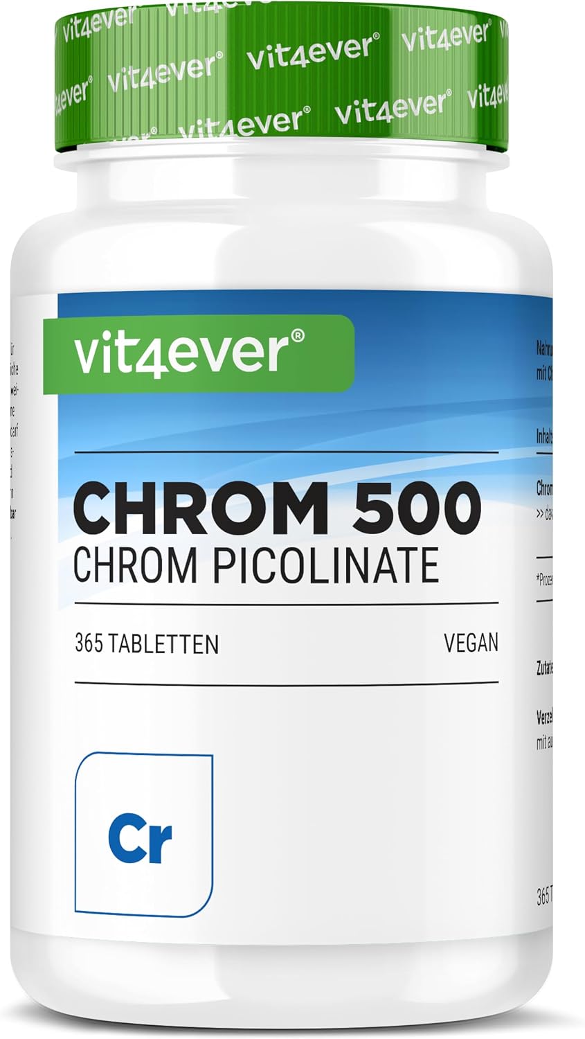 Detalle de vit4ever Chrom aus Chromium Picolinate extra hochdosiert – 500 mcg pro Tablette, 365 Tabletten (vegan)