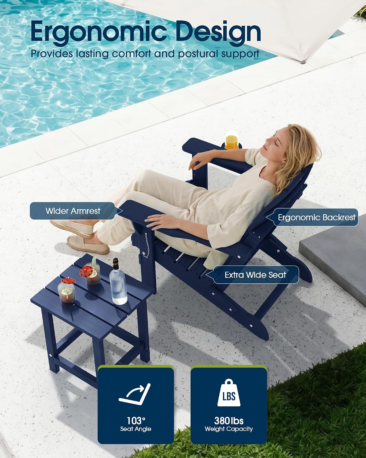 Detalle 2 de MUCHENGHY Folding Adirondack Chair Set of 2, Dark Navy HDPE, Cup Holder