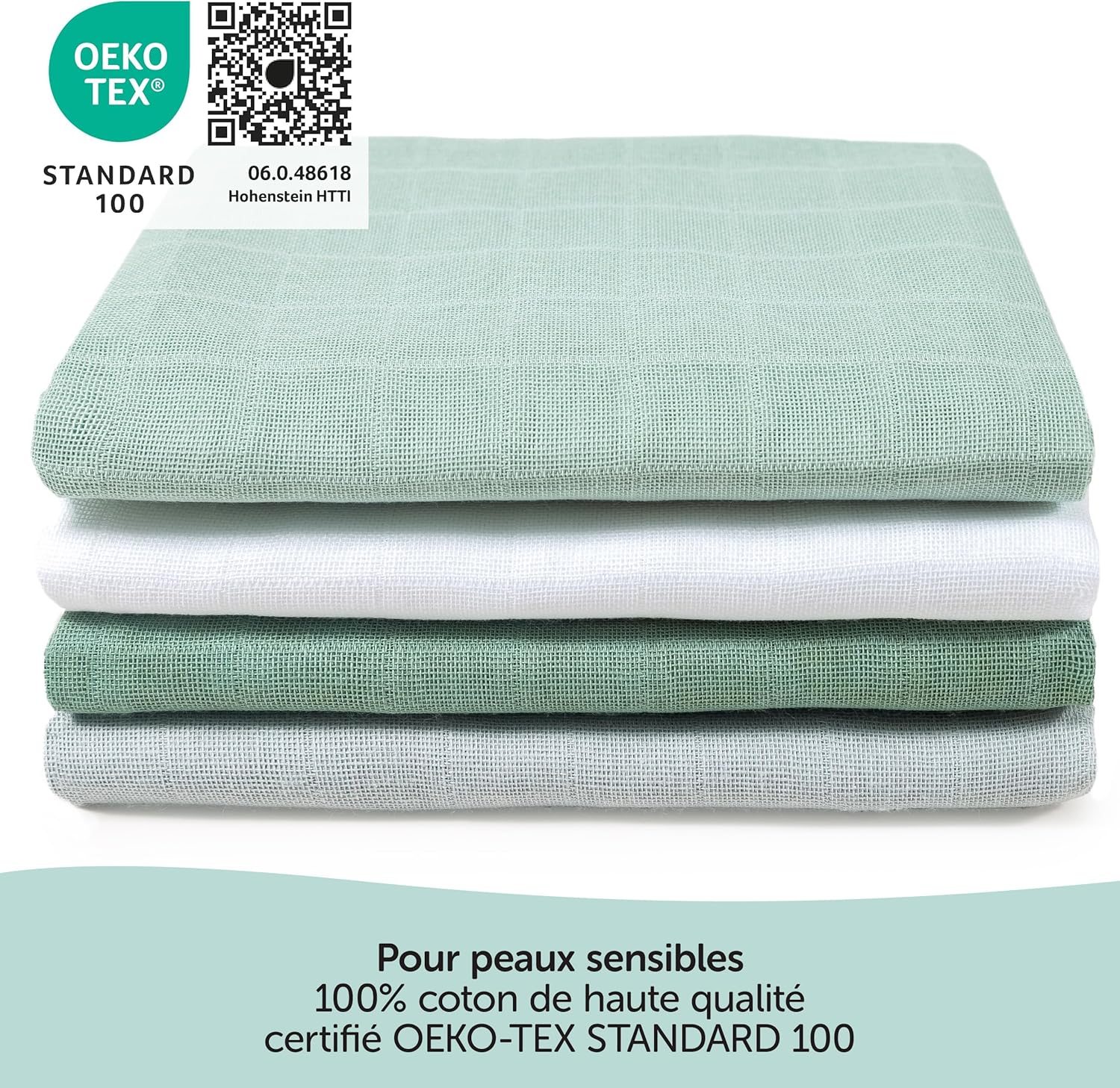 Thumbnail 5 de MAKIAN Lange bébé en mousseline 70x70 cm (lot de 4) — coton double gaze certifié Oeko-Tex, verts/blanc/menthe/gris