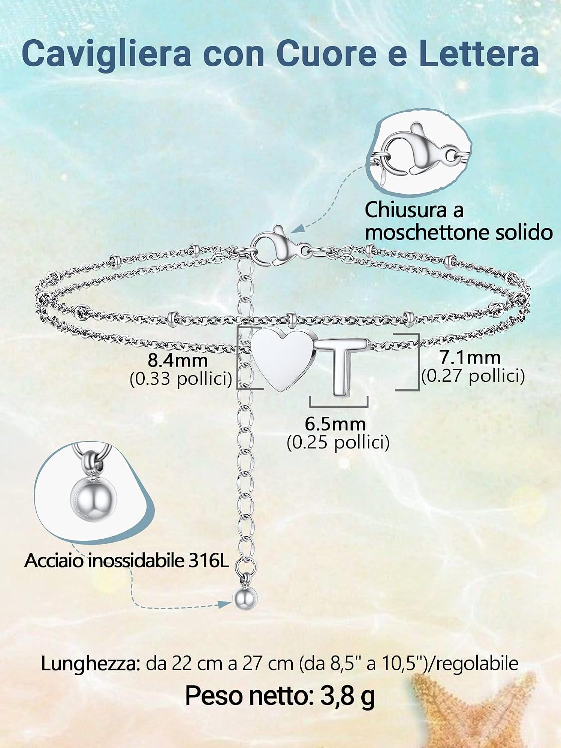 Detalle 2 de PROSTEEL A-Z doppio strato cavigliera in acciaio inox 316L con cuore e iniziale (22+5 cm) argento