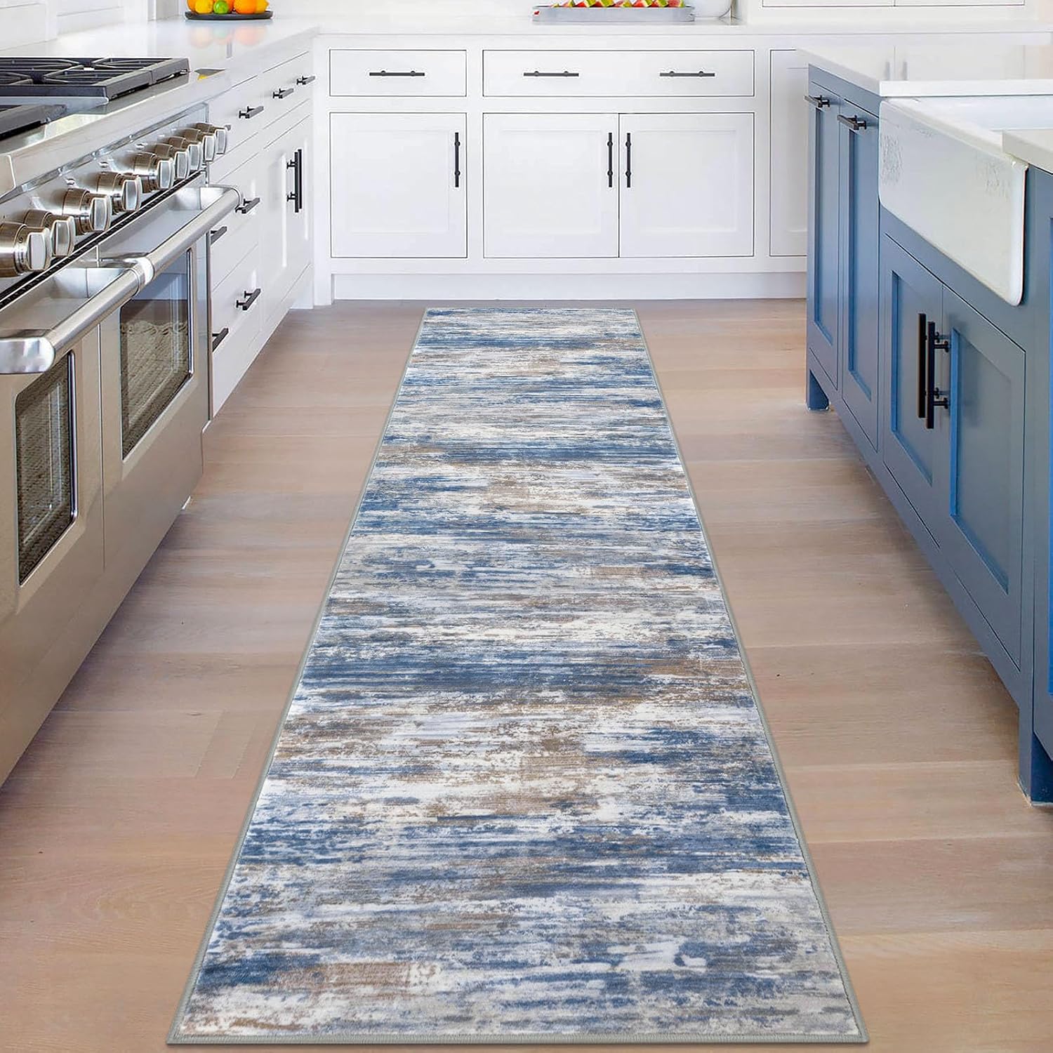 Detalle de KOZYFLY Modern Abstract Hallway Runner Rug, 2x8 — Non-Slip, Washable, Blue-Rust-White Abstract Stripe