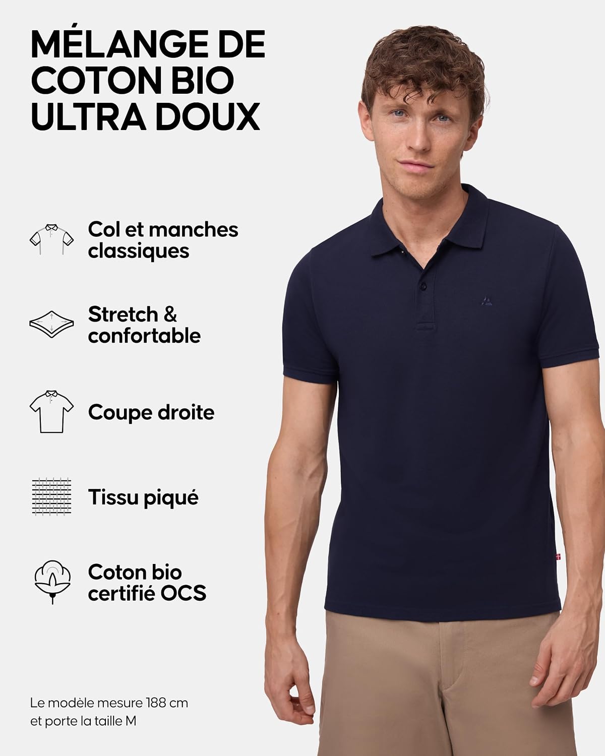 Detalle de DANISH ENDURANCE Polo pour Homme – coton biologique, coupe classique, manches courtes