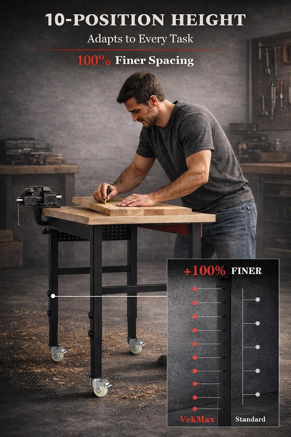 Detalle de VekMax V-WB-150-2-N Heavy-Duty Workbench, 1.2-Inch Top, Adjustable Height
