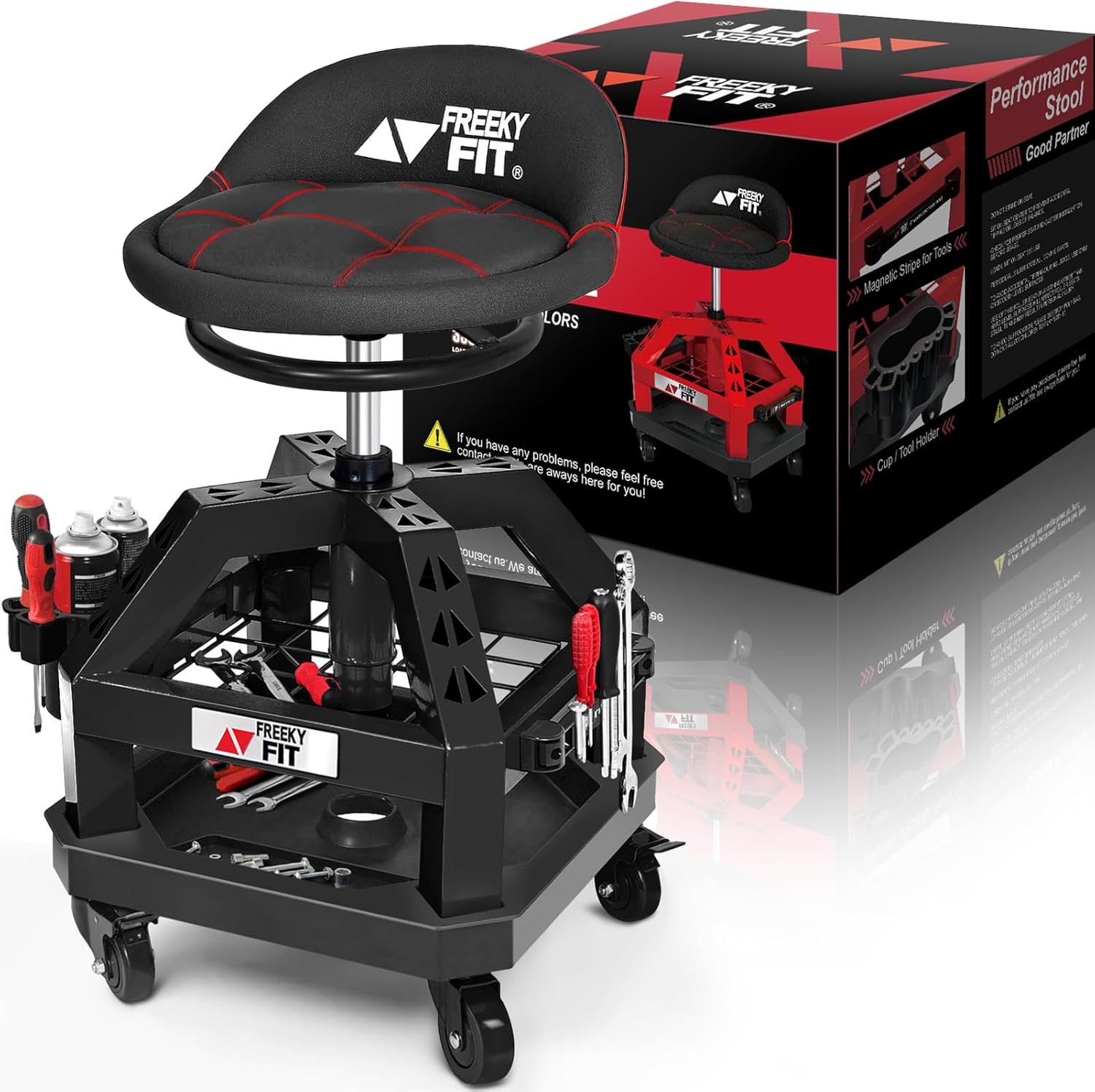 FreekyFit DO02 Rolling Shop Stool for Garage (Adjustable Height, 360° Swivel, Casters)