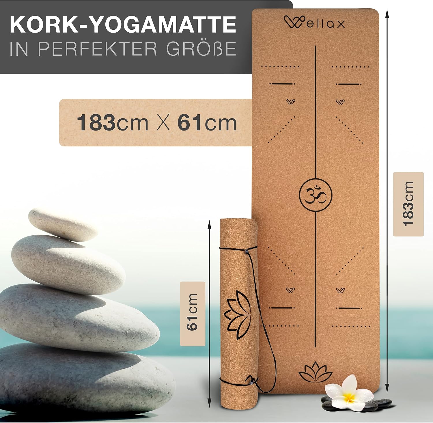 Detalle 2 de Wellax Cork Yoga Mat, 185 x 66 cm with Non-Slip TPE Base and Carry Strap