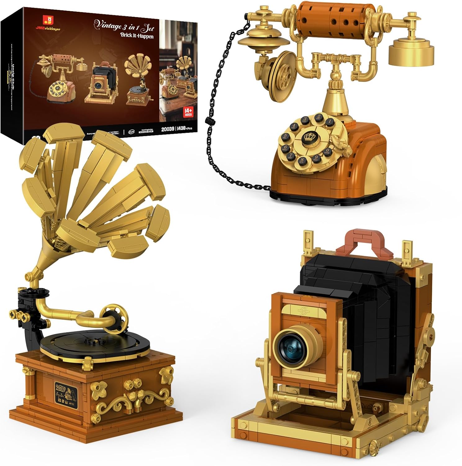 Detalle de JMBricklayer 3 in 1 Retro-Bausteinset für Erwachsene – Vintage Plattenspieler, Kurbeltelefon und Kamera im 19. Jahrhundert