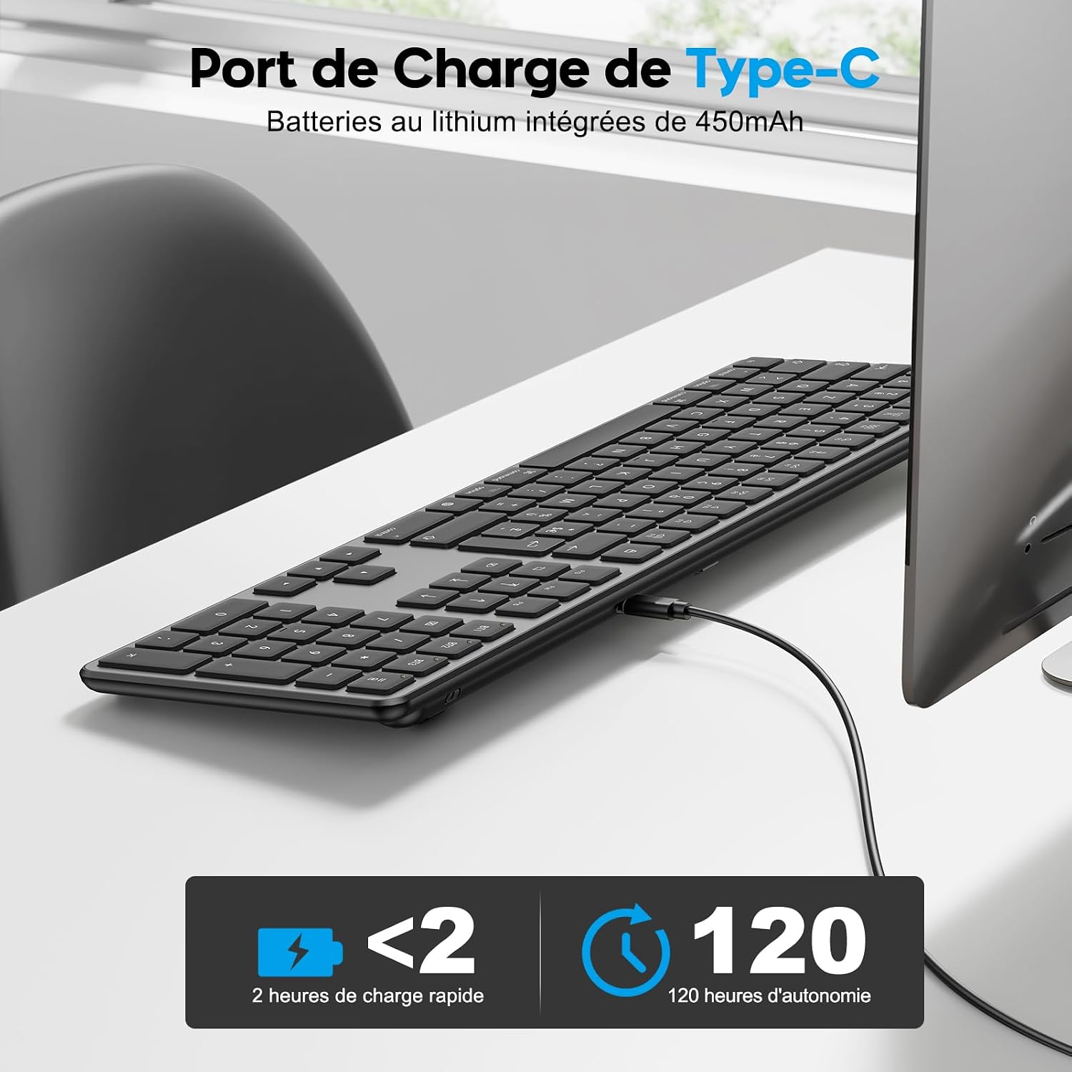 Detalle de OMOTON Clavier Bluetooth sans fil pour Mac AZERTY français rechargeable à 3 canaux (gris foncé)