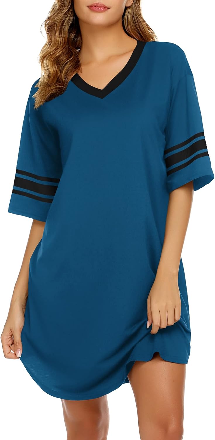 Detalle de Ekouaer EKV007064 Cotton-Blend Nightgown, Short-Sleeve V-Neck Sleep Shirt