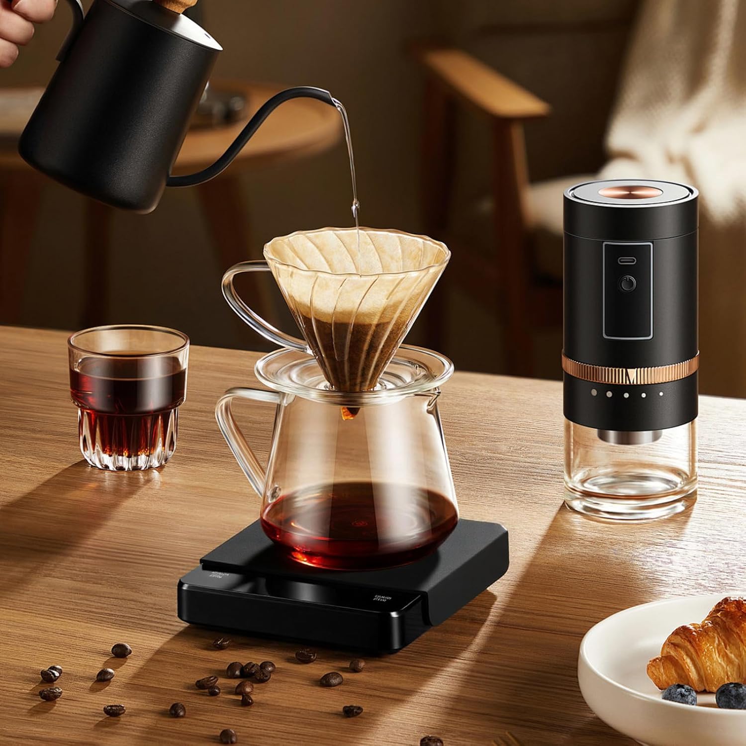 Detalle de Digitale Küchenwaage mit Silikon Pad – Präzise Kaffee- und Küchenwaage, 0,1 g Genauigkeit, 3 kg Maximalgewicht, mit Tara-Funktion, Timer und USB-C