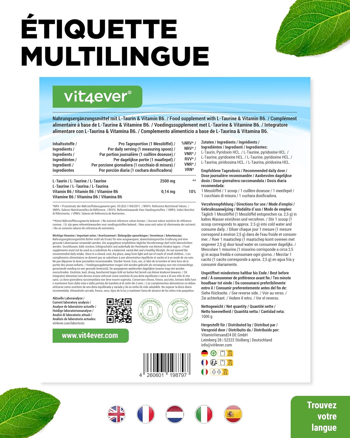 Detalle 2 de Poudre de taurine L-Taurine 99% végétalienne – 1000 g (1 kg), dosage 2500 mg par portion