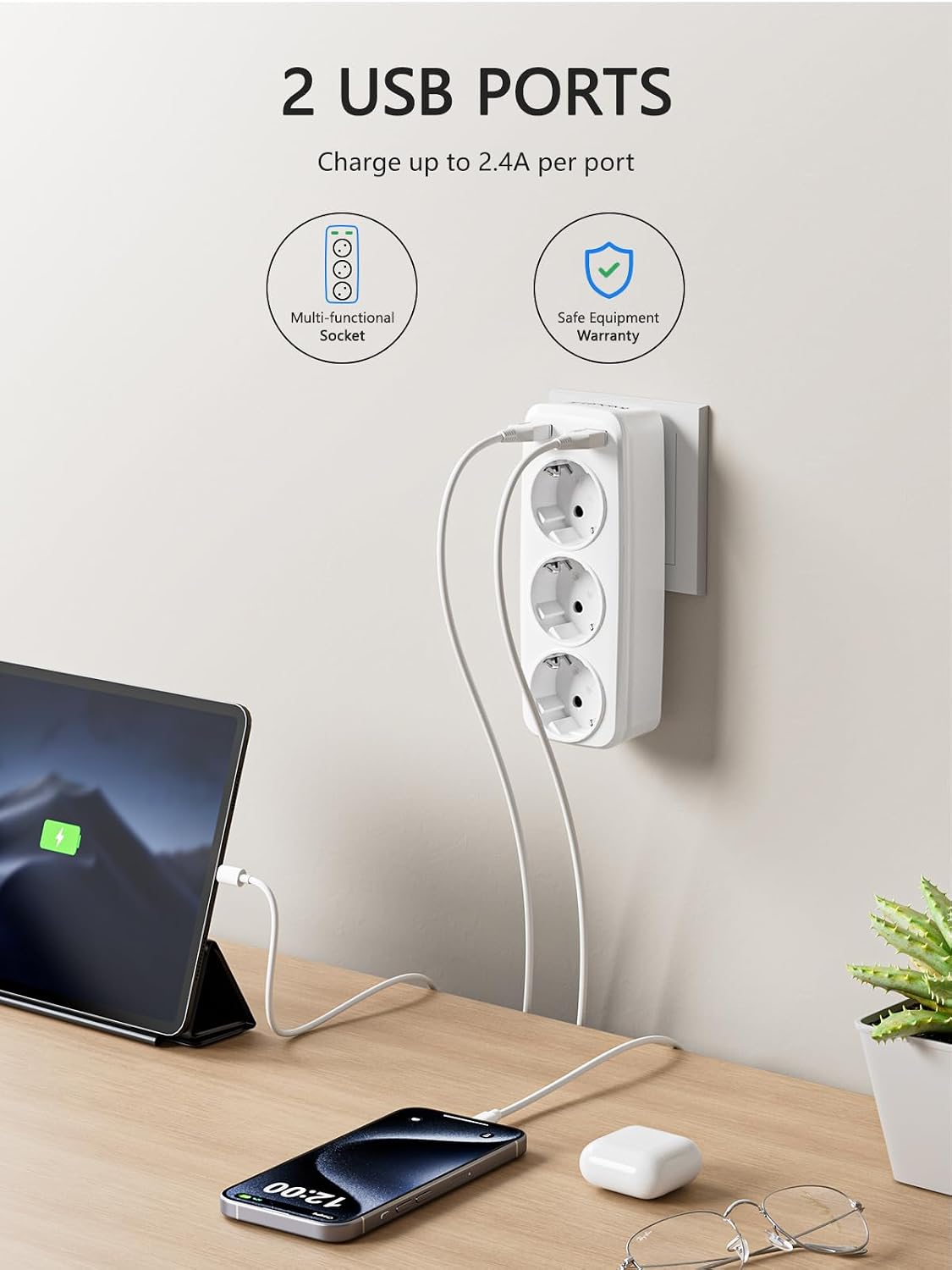Detalle de LENCENT PAWEIYA-USB4000-3S2U stopcontactadapter met 3 geaarde aansluitingen en 2 USB-poorten
