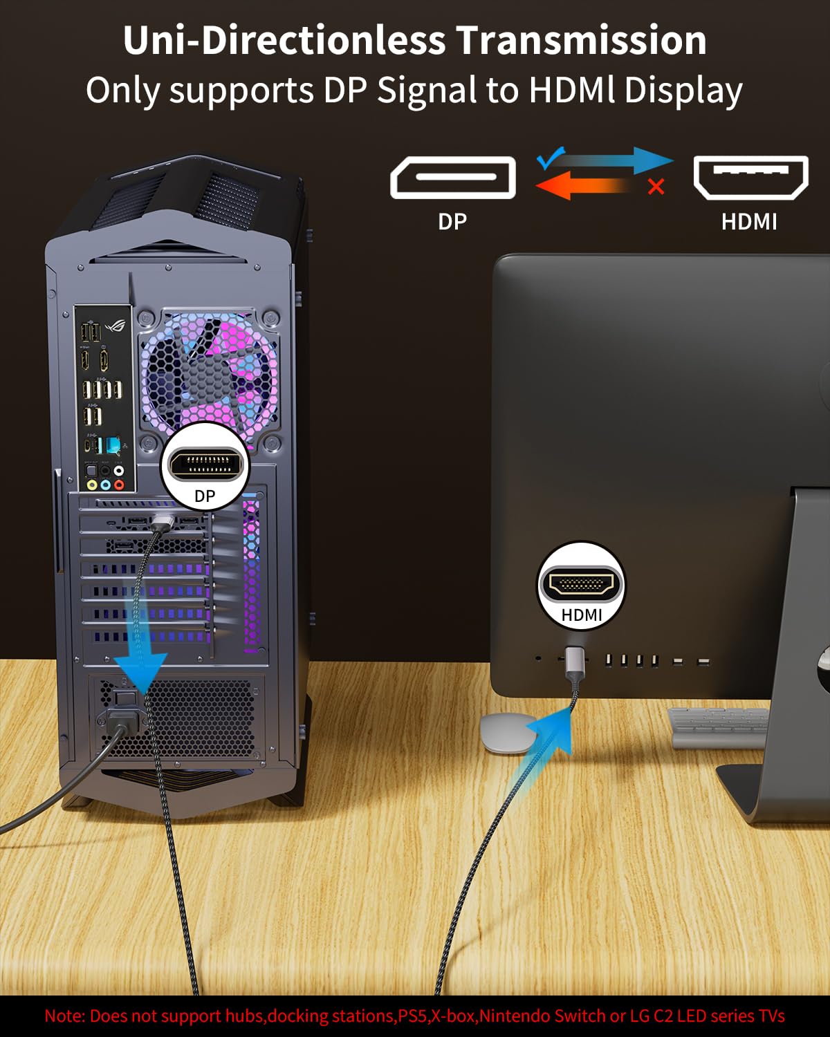Thumbnail 1 de layajia 4K DisplayPort to HDMI Cable 2M (Uni-Directional) DP to HDMI, 4K@30Hz / 2K@60Hz / 1080P@120Hz