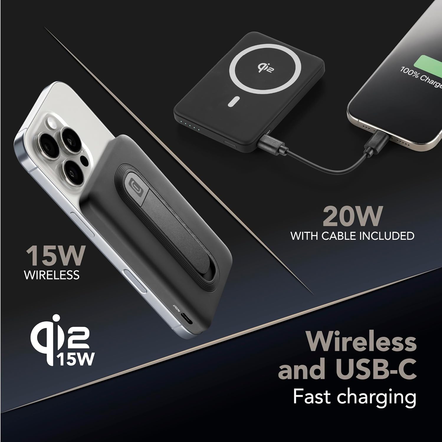Detalle 2 de Cellularline Power Bank 5 000 mAh Qi2 15W avec Support Intégré et USB-C 20W – Soft-Touch, Mag Stand, Noir