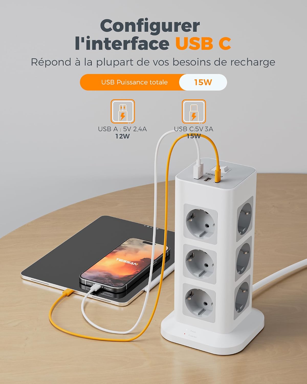 Detalle de TESSAN TPS04-DE-C stekkerdoos met overspanningsbeveiliging, 12 stopcontacten en 3 USB-poorten