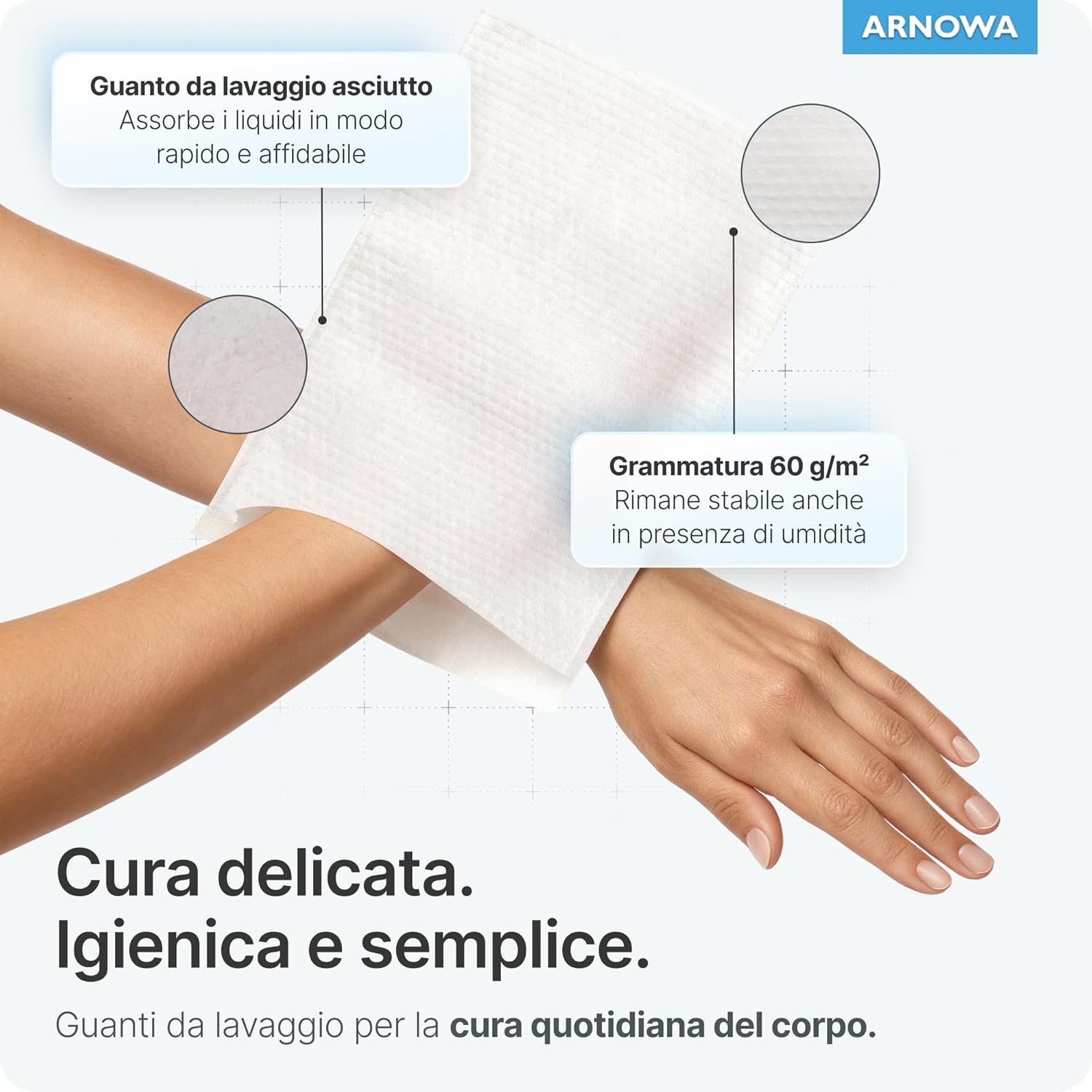 Thumbnail 1 de 50x ARNOMED Manopole Monouso non Saponate (60 g/m²) – guanti per lavare anziani, neonati e bambini