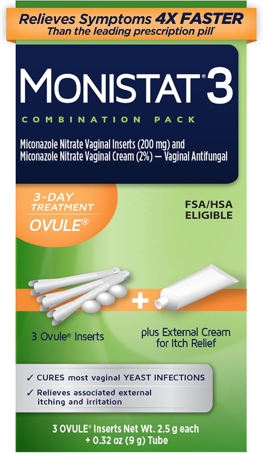 Detalle de Monistat 380045486008 3-Day Yeast Infection Treatment, Regular-Strength Ovules + Cream