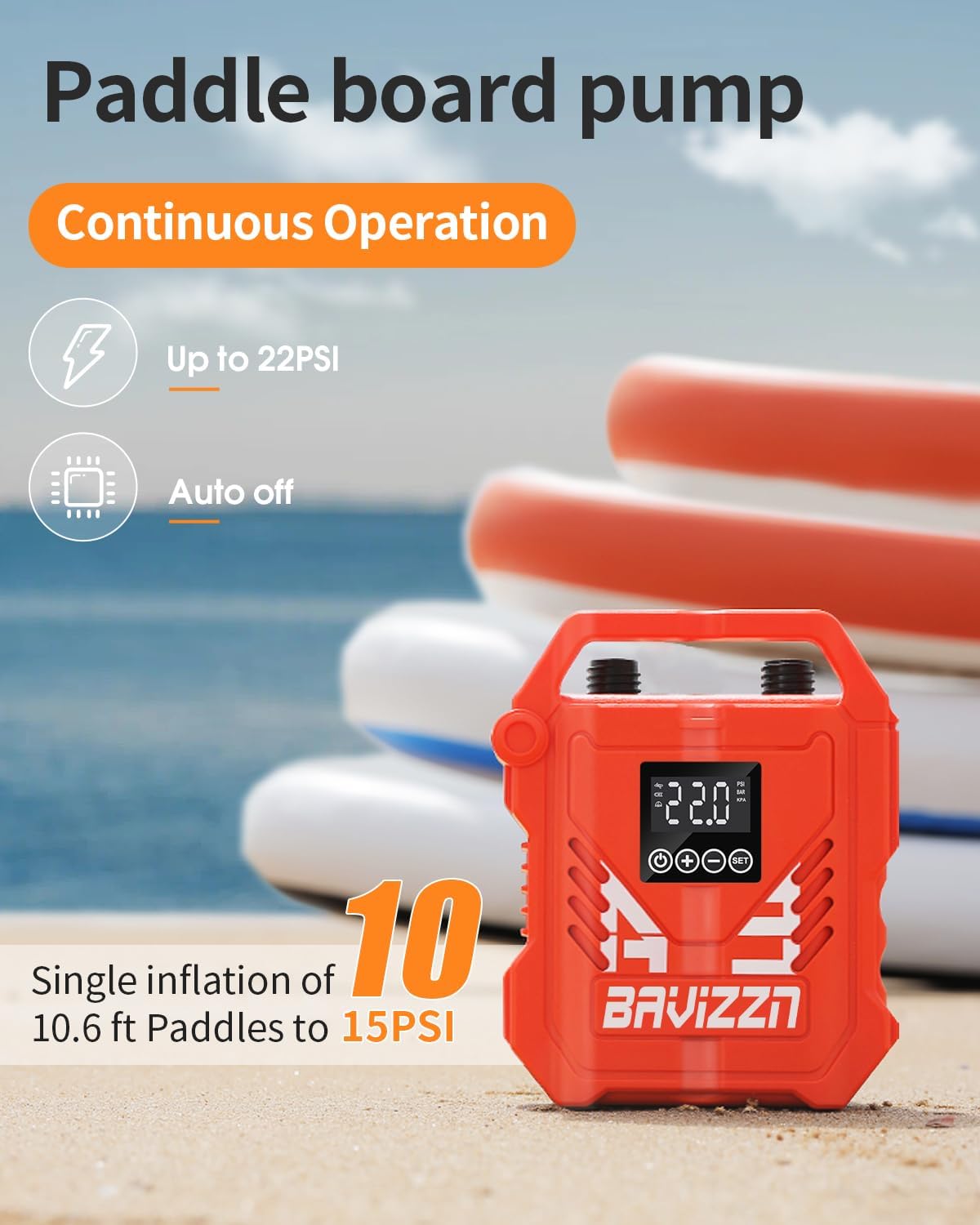 Detalle 2 de BAVIZZN Sup Pump 22PSI 12V Dual Stage Paddle Board Pump (auto-off, inflator/deflator)