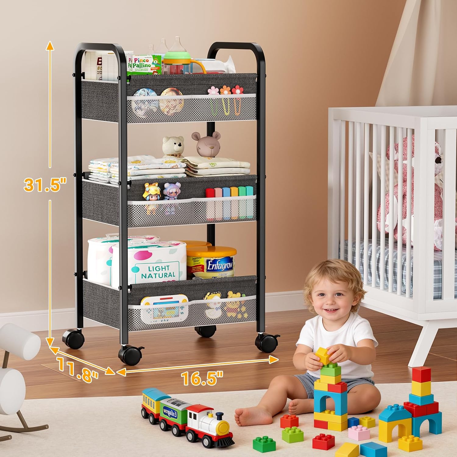 Thumbnail 1 de Baby Diaper Caddy Rolling Utility Cart, 3-Tier Nursery Organizer in White
