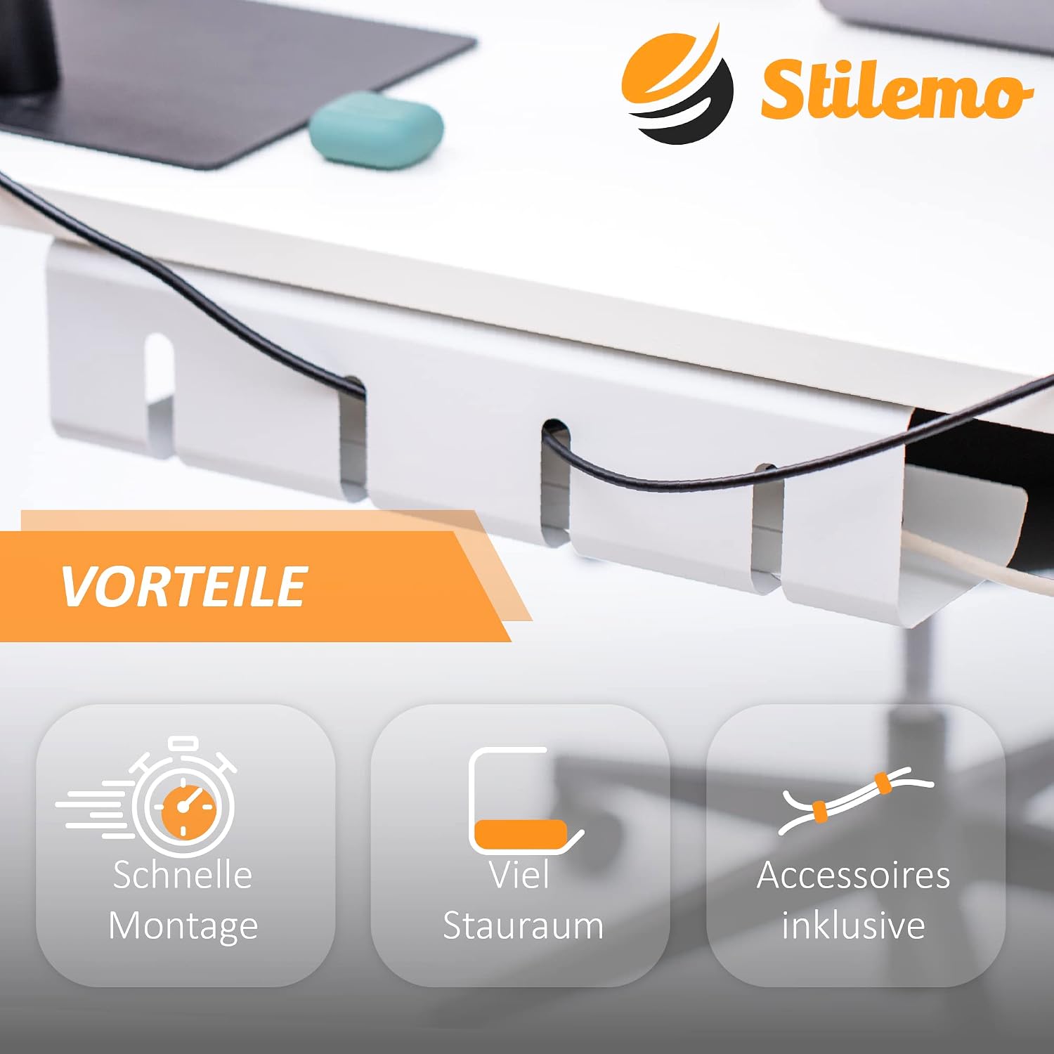 Detalle 1 de Stilemo Kabelkanal Schreibtisch 2er Set Weiß 43x12x10 cm