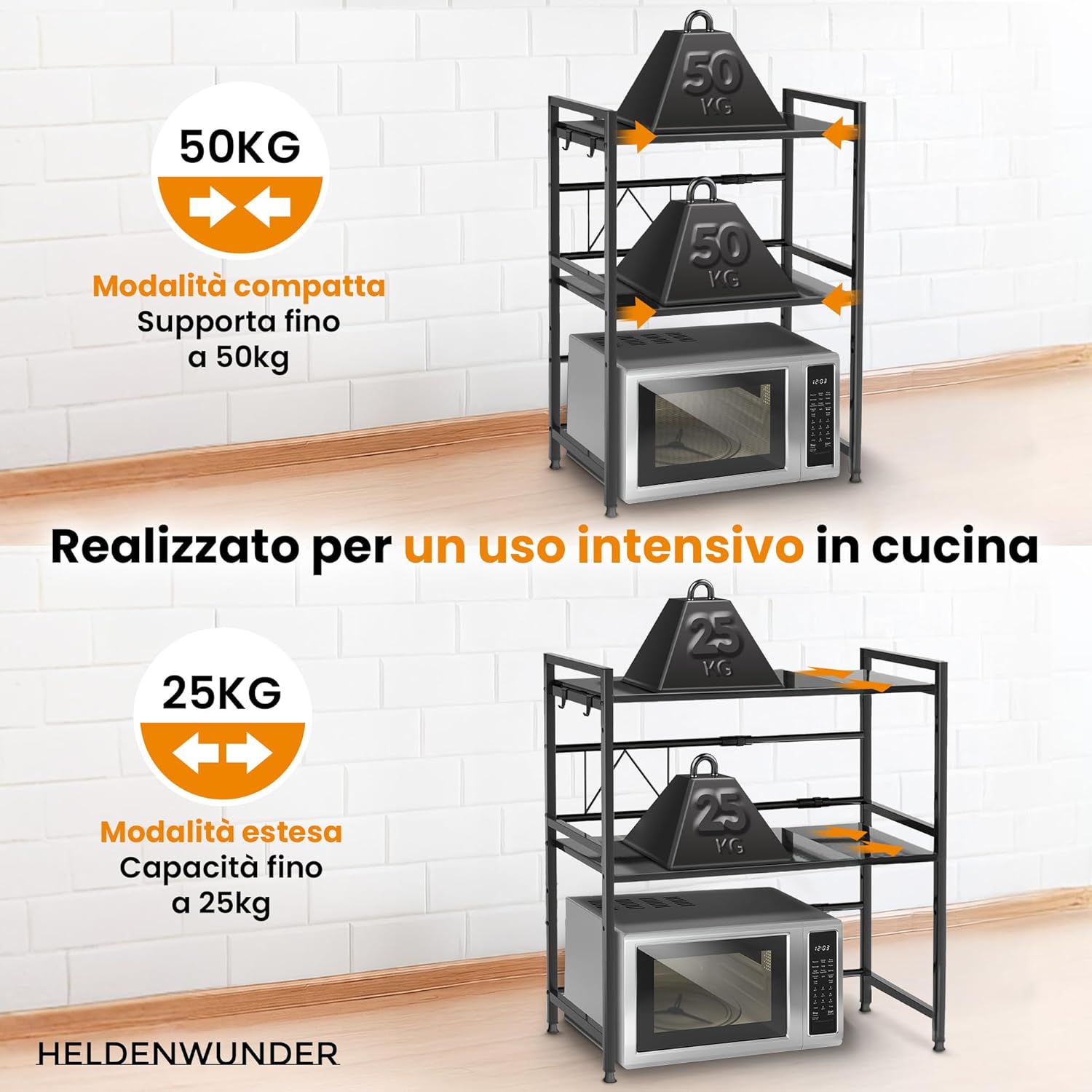 Thumbnail 4 de Heldenwunder Mensola mobile per cucina salvaspazio in acciaio con 3 ripiani, supporto microonde regolabile e ganci - nero