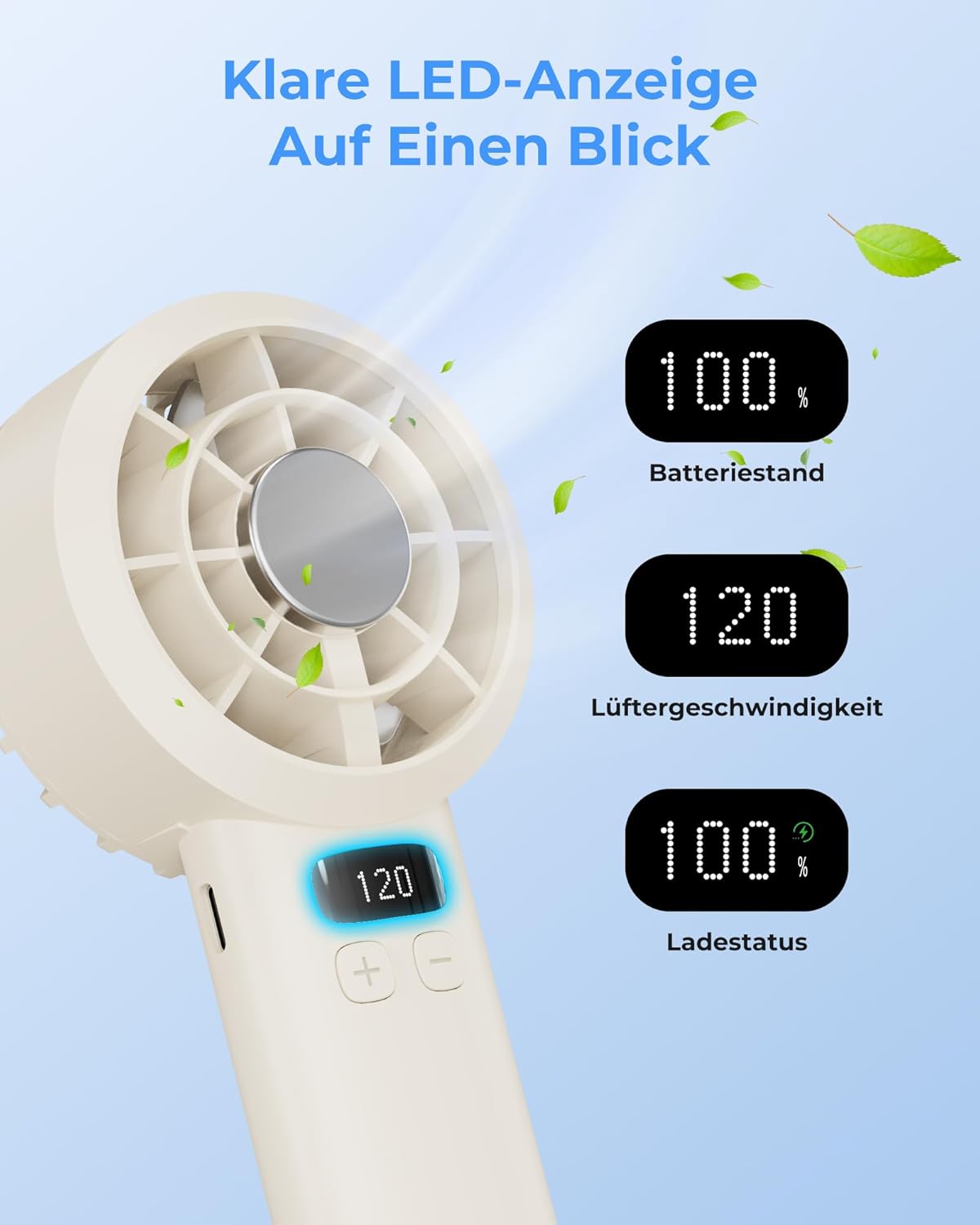 Thumbnail 2 de LUXVANO Handventilator (120 Stufen) mit LED-Display, Sicherheitsverriegelung und 3000 mAh Akku – USB Mini Ventilator in Beige